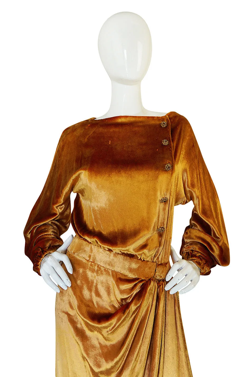 1930s Jean Patou Couture Golden Silk Velvet Wrap Gown