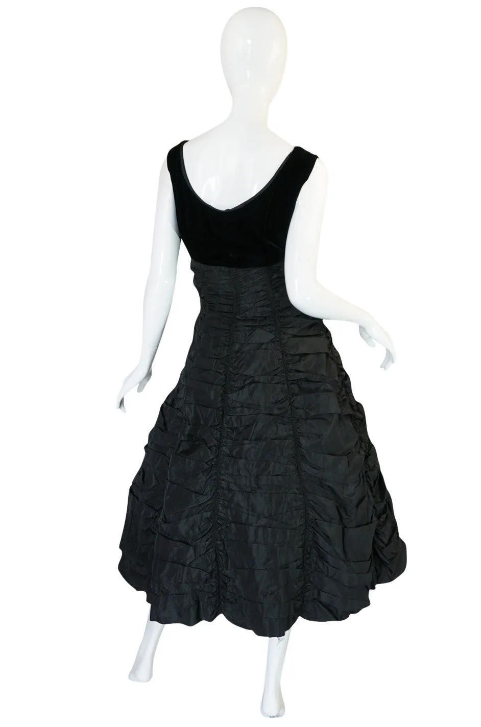 1950s Black Silk Taffeta & Velvet "Coffin Drape" Dress