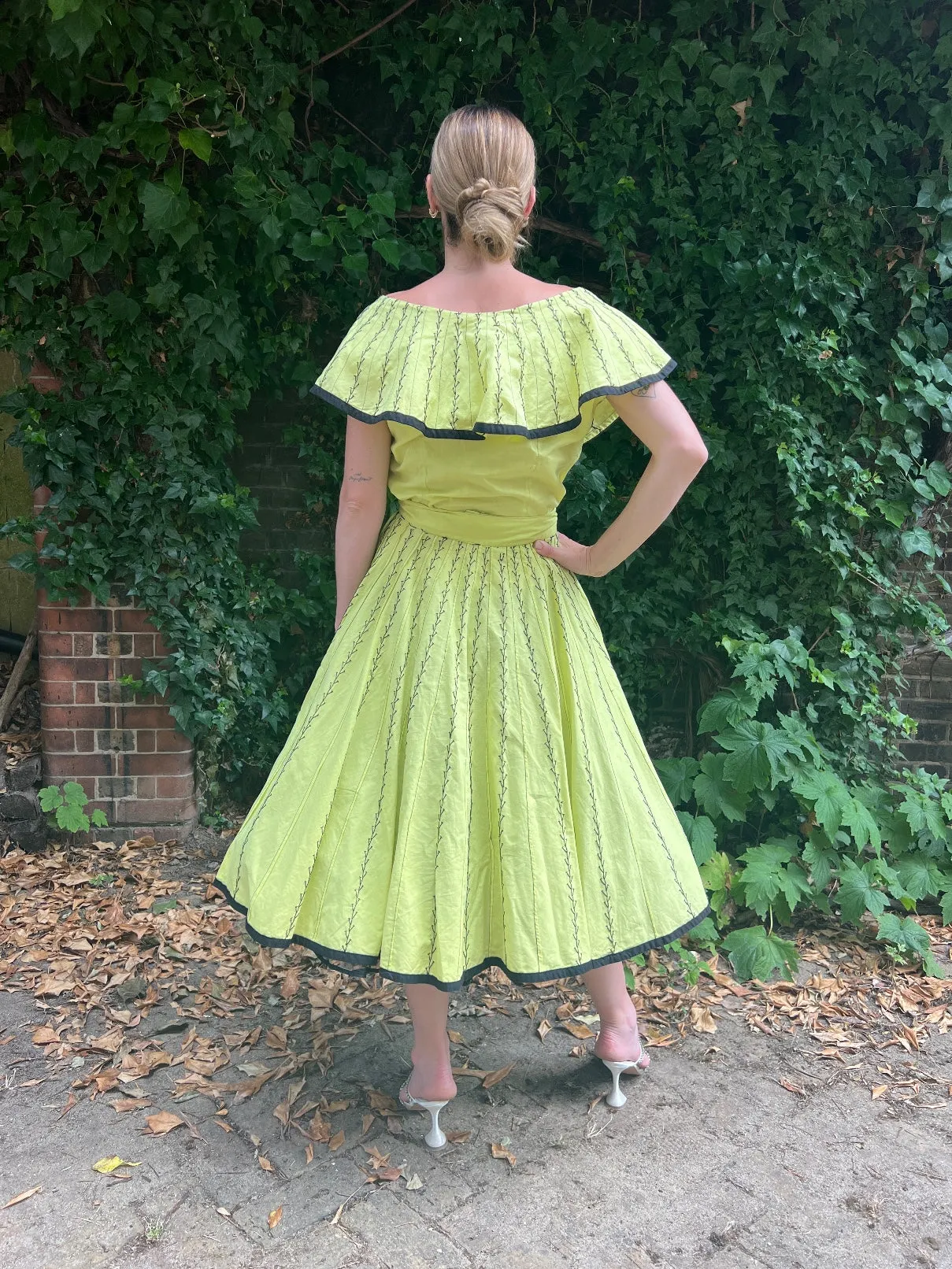 1950s Yellow Mexican Ensemble with Black Embroidery