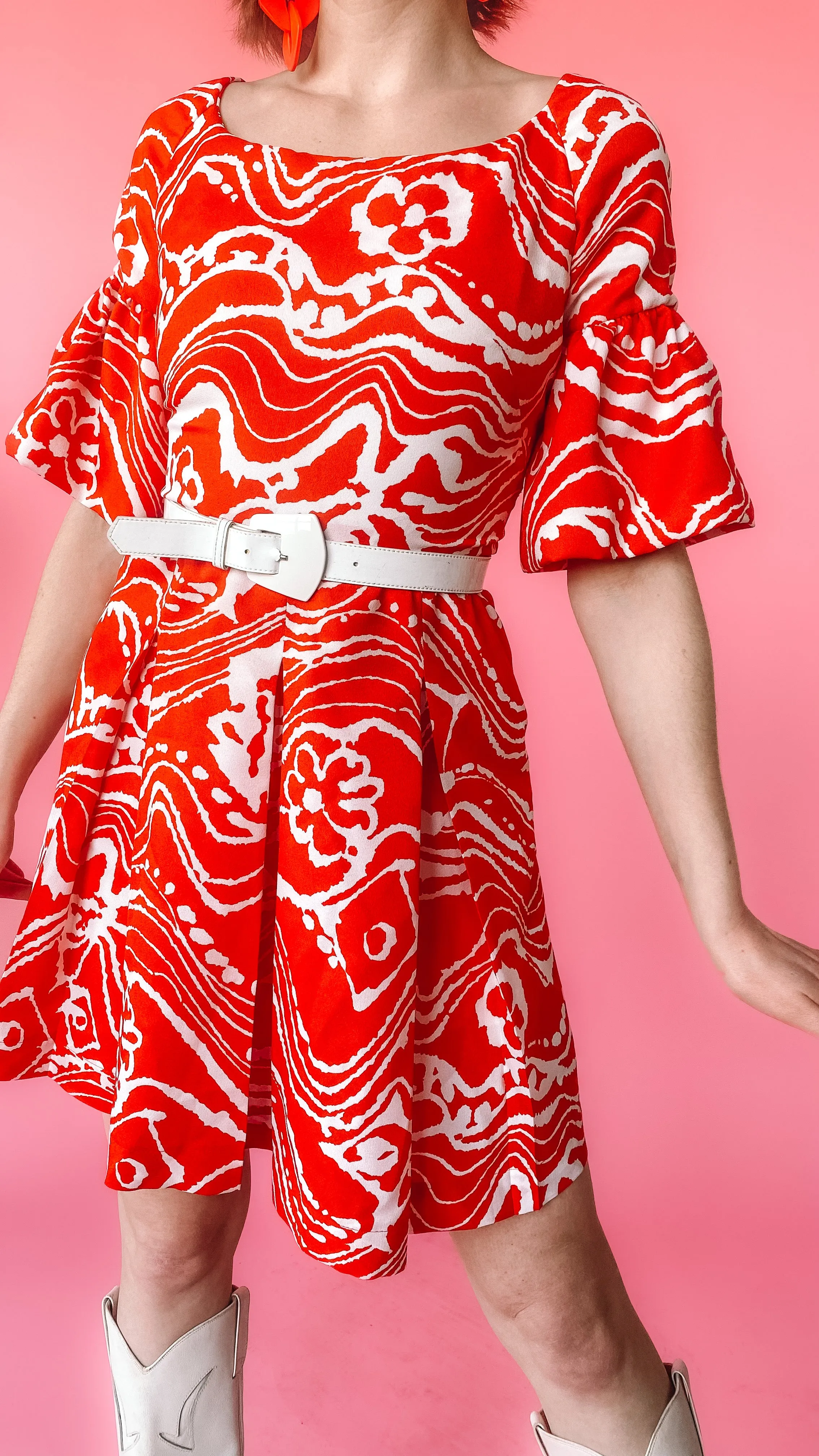 1960s Adele Simpson Red Abstract Pleated Dress, sz. S/M