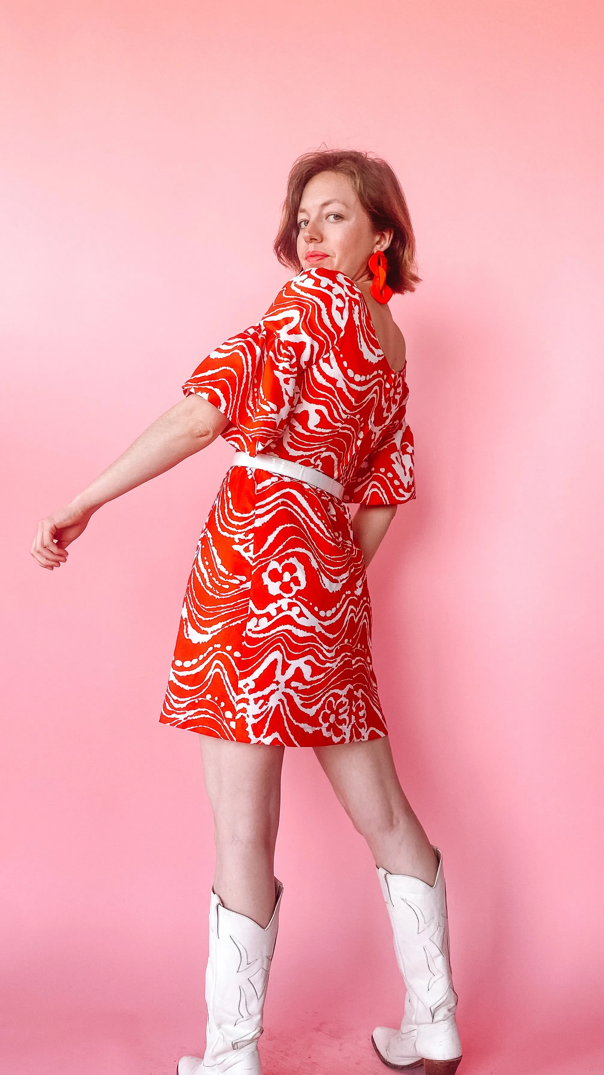 1960s Adele Simpson Red Abstract Pleated Dress, sz. S/M