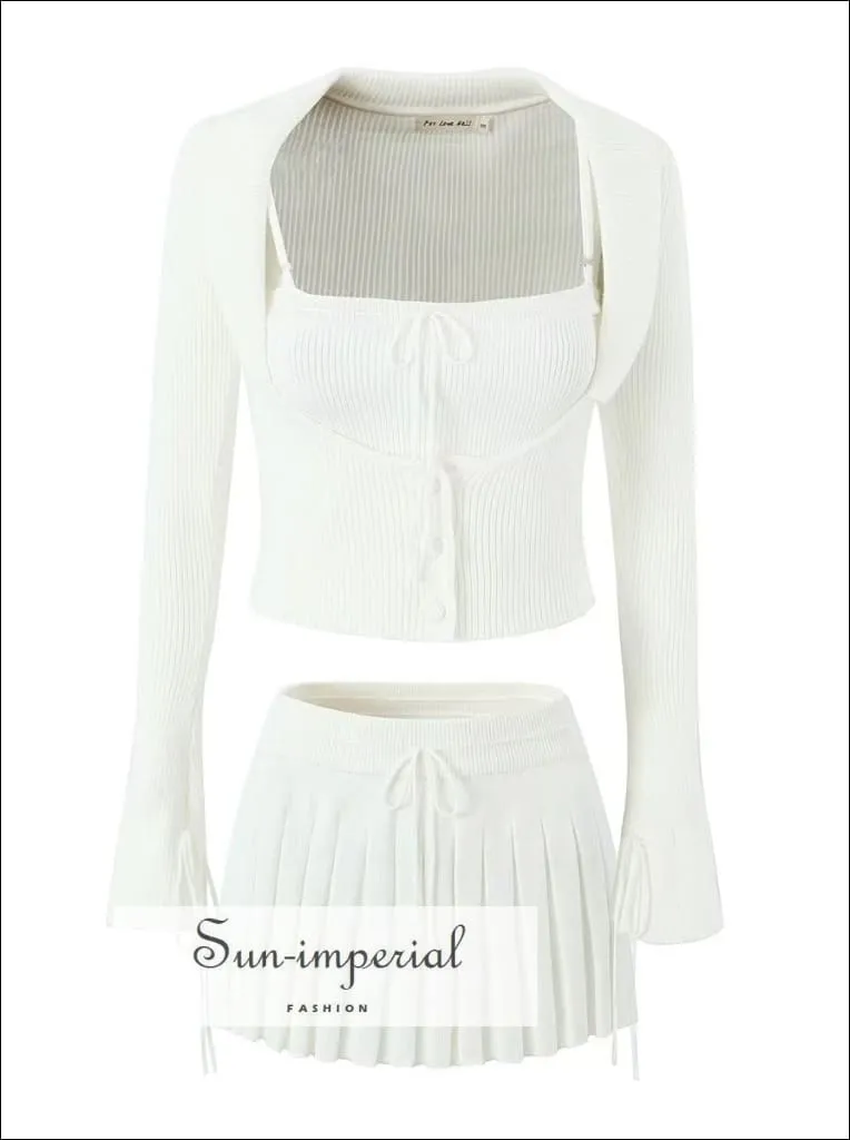 3 Piece Knitted Mini Skirt Cardi And Cami Set With Lace Detail