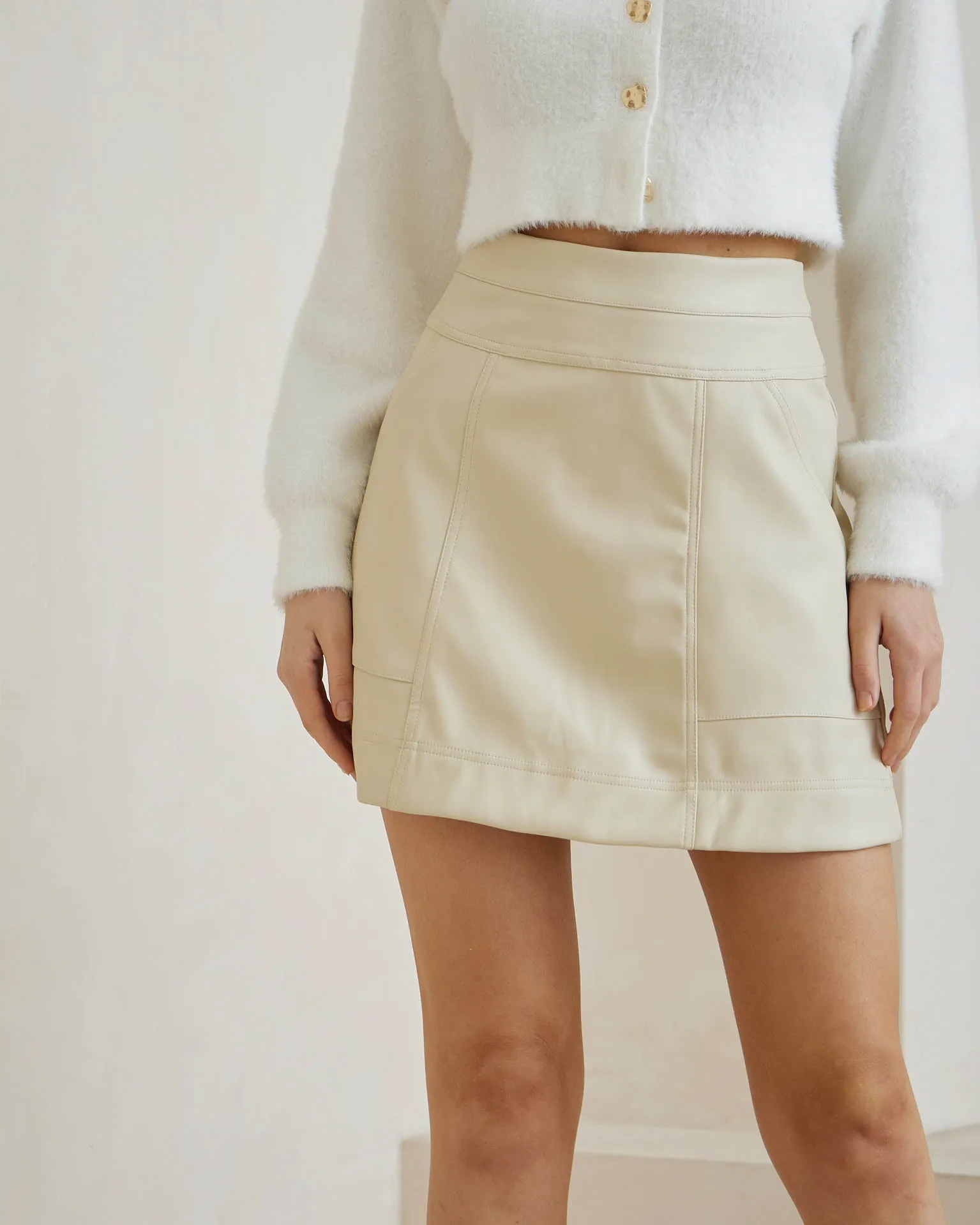 Adrie Faux Leather Mini Skirt Beige