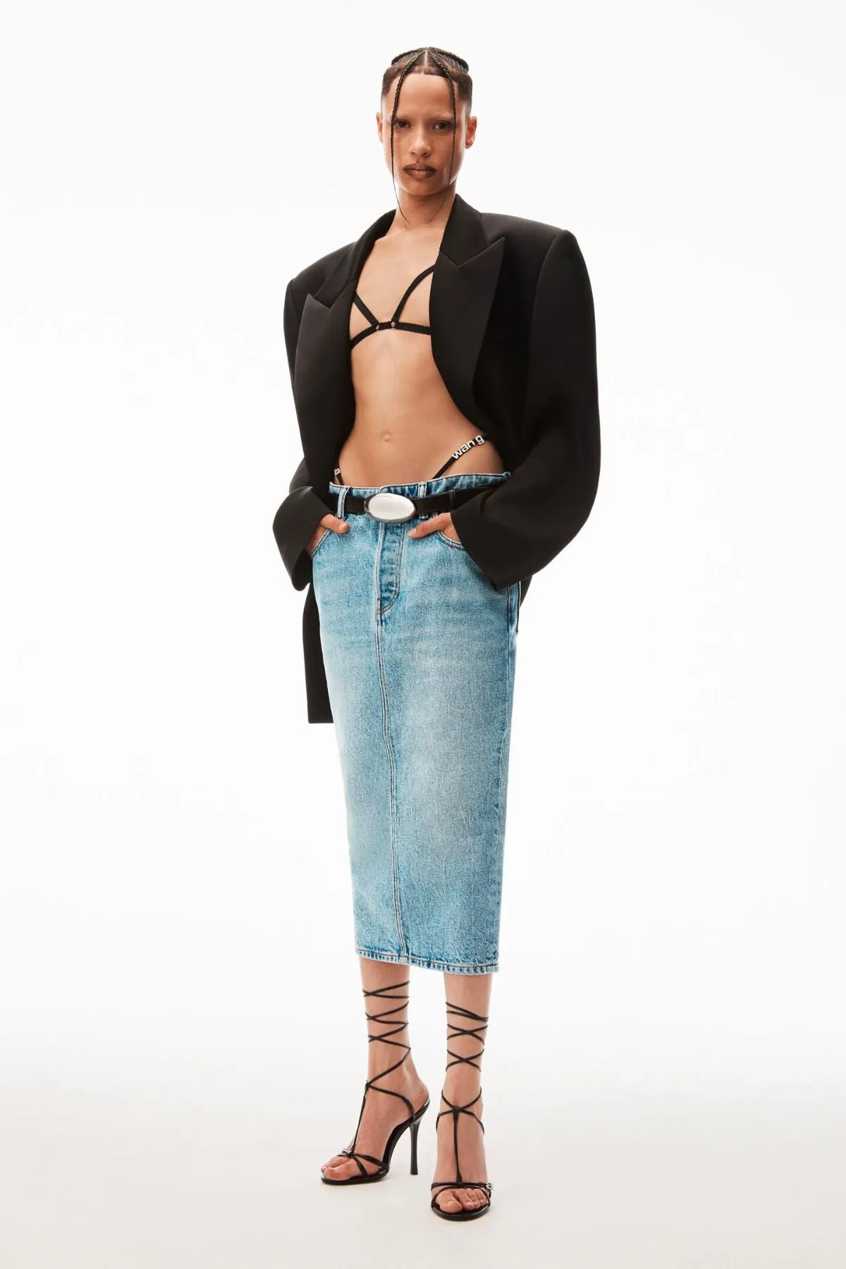 Alexander Wang Diamante Bikini Strap Denim Midi Skirt - Vintage Faded Indigo