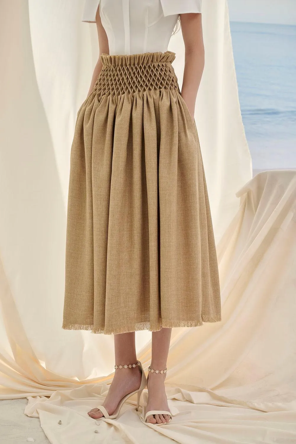 Alice Bertha Drop Waist Draped Tweed Midi Skirt