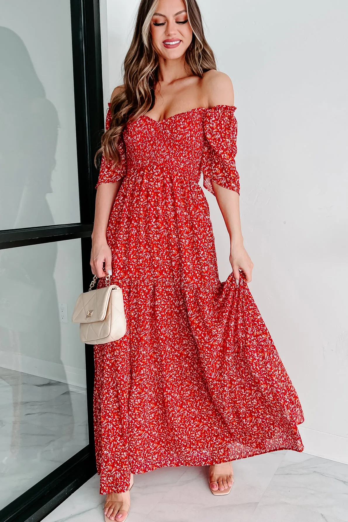 Always Sweet Floral Smocked Maxi Dress (Red)