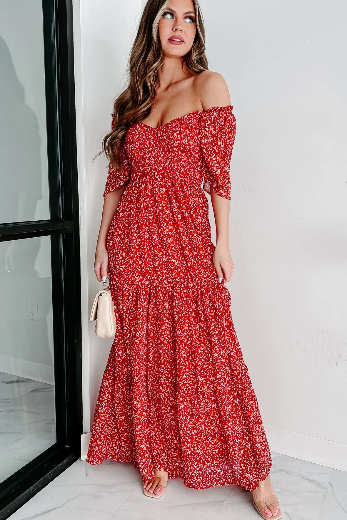 Always Sweet Floral Smocked Maxi Dress (Red)