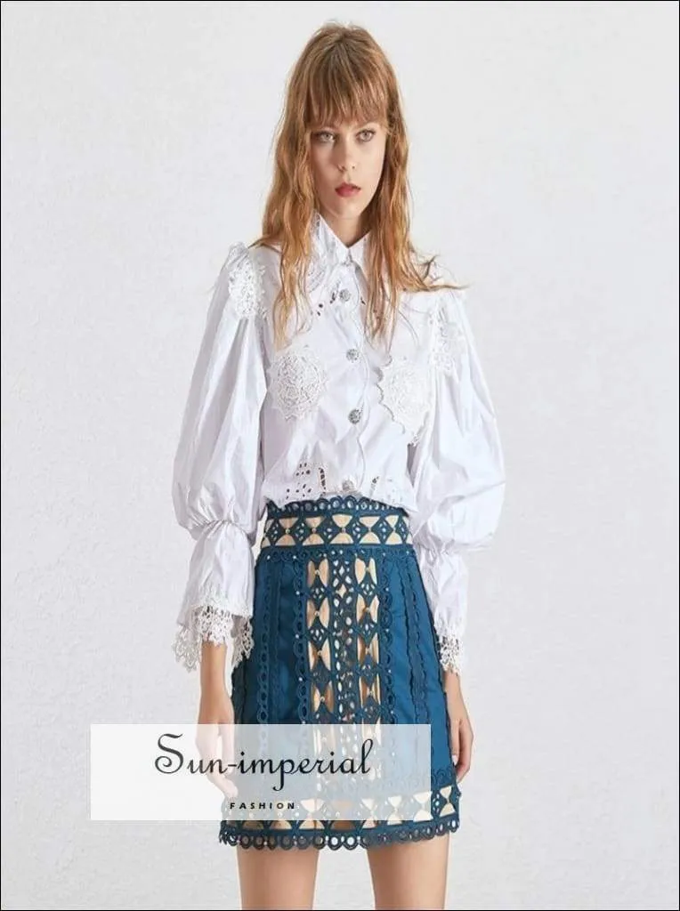 American Honey Skirt in Blue- Elegant Lace Skirt High Patchwork Mini Skirt