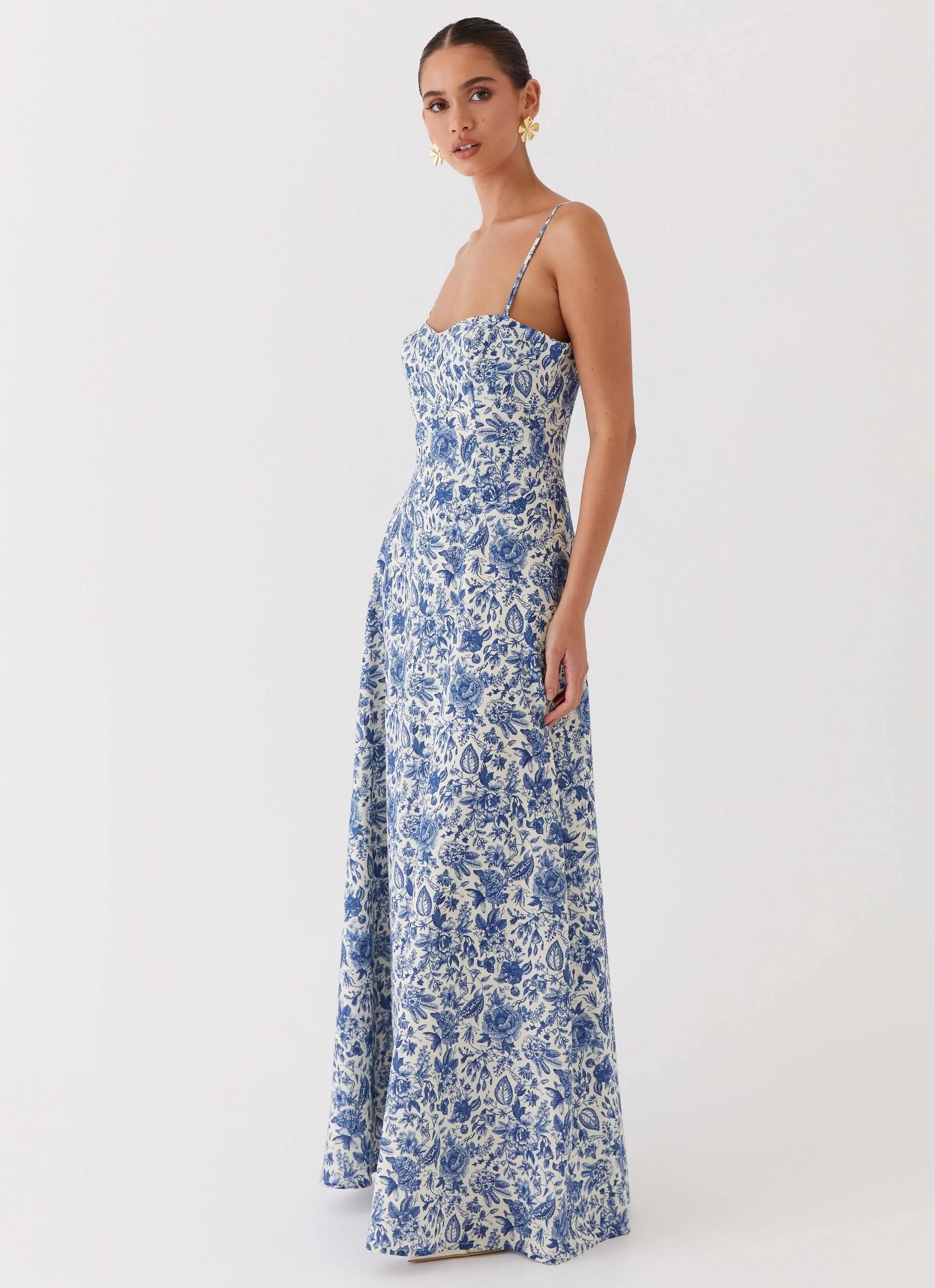 Angelina Luxury Blue Paisley Linen Maxi Dress