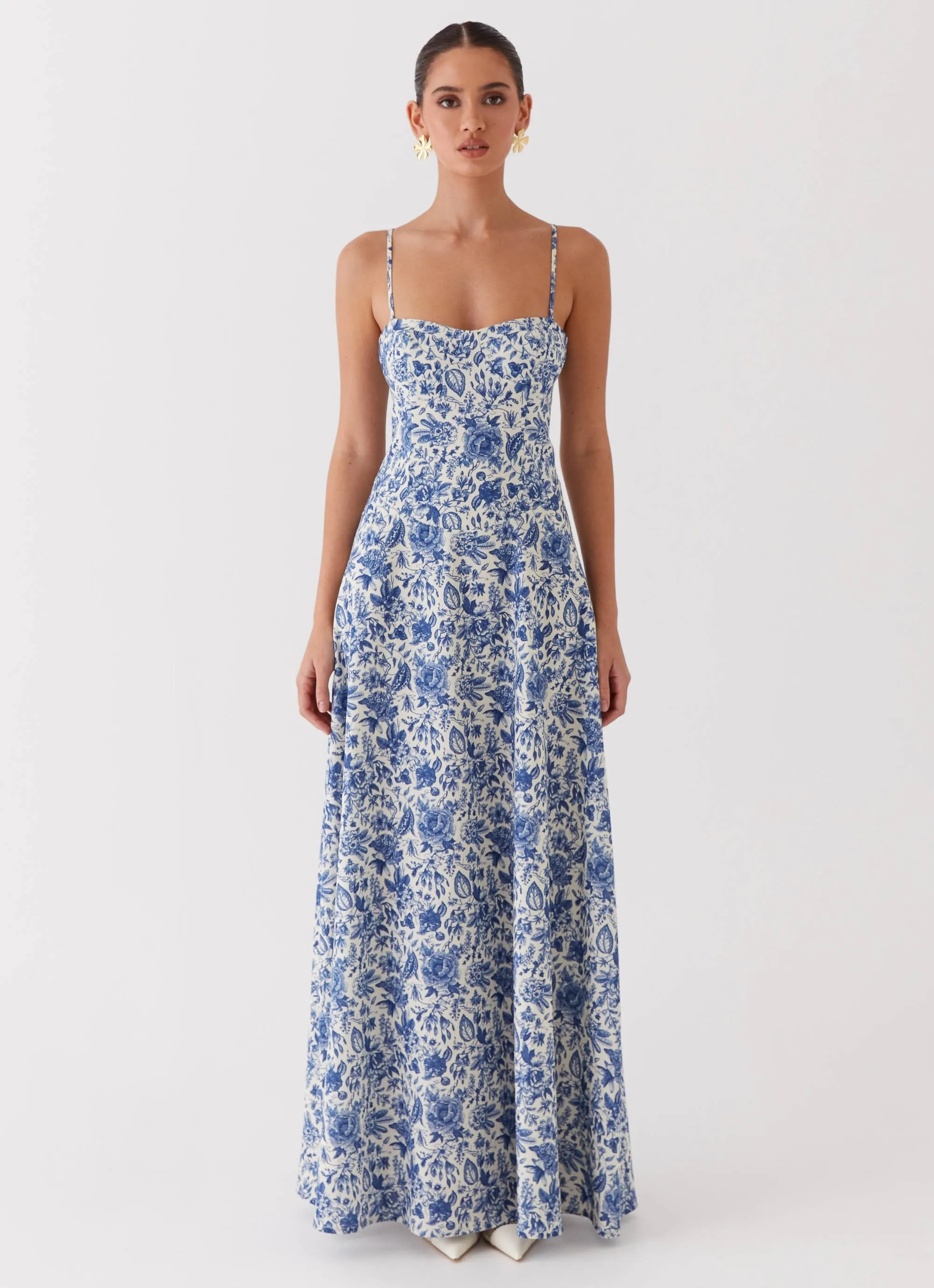 Angelina Luxury Blue Paisley Linen Maxi Dress