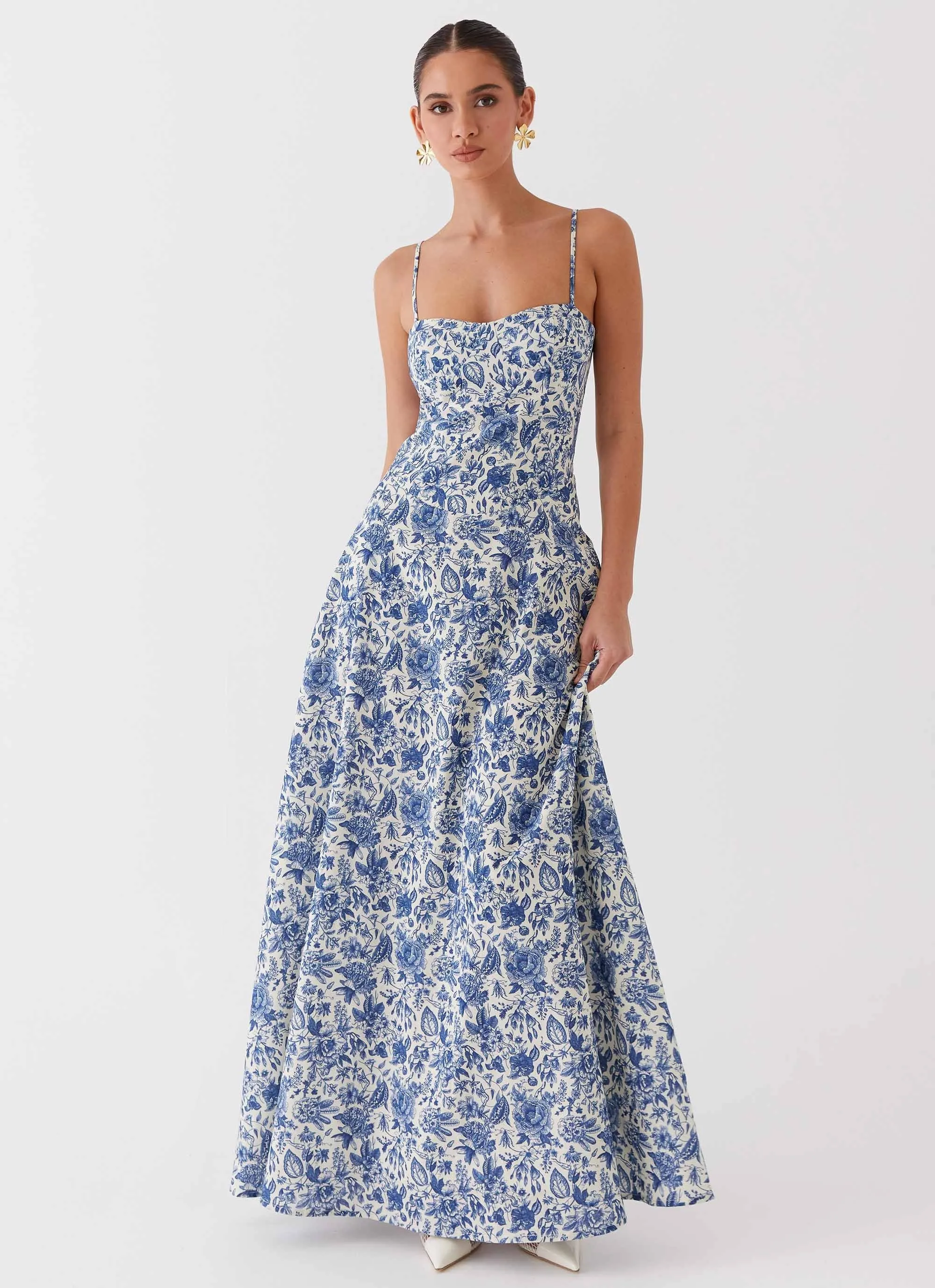 Angelina Luxury Blue Paisley Linen Maxi Dress