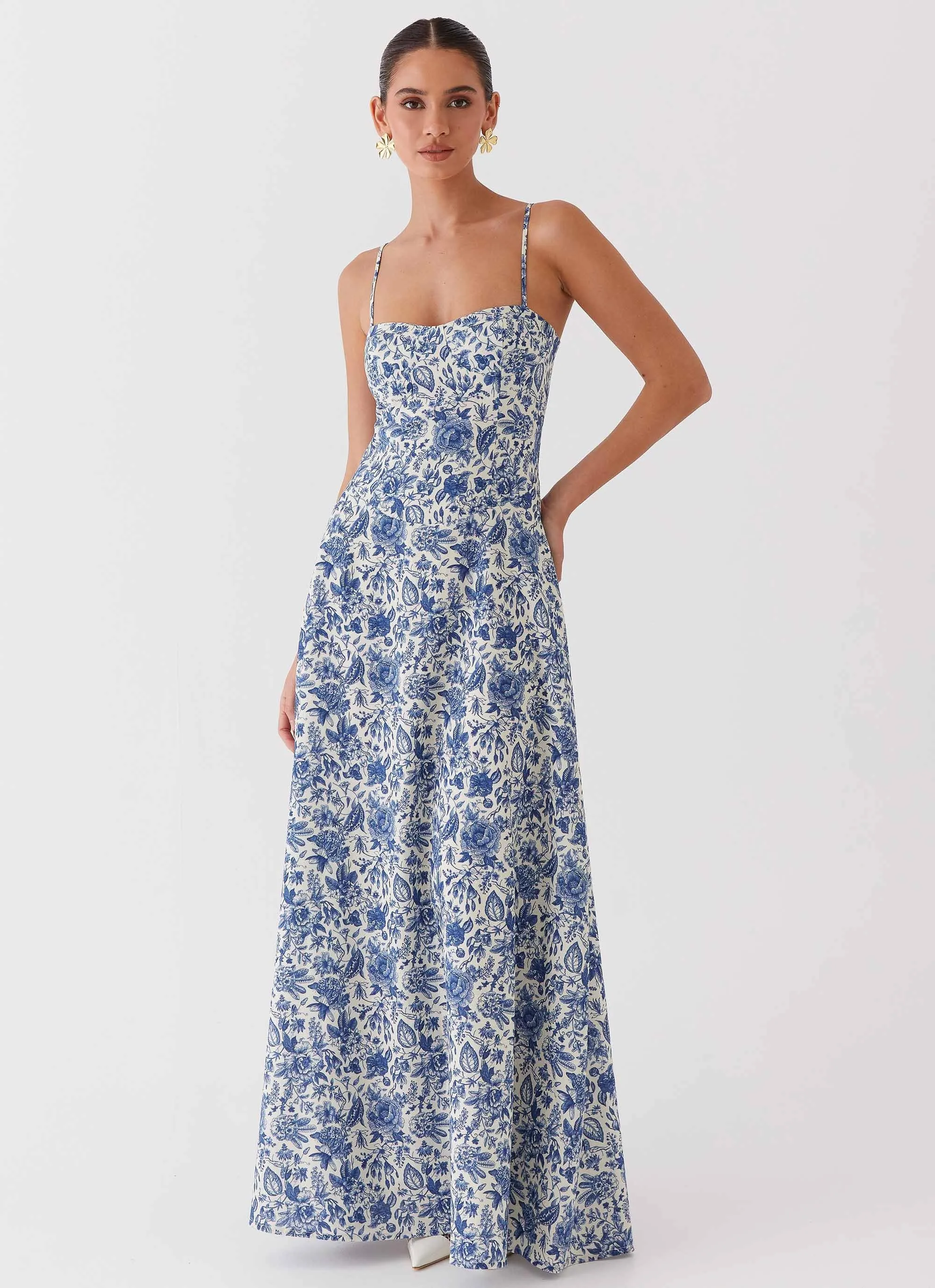 Angelina Luxury Blue Paisley Linen Maxi Dress