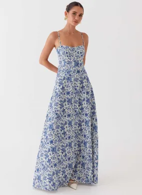 Angelina Luxury Blue Paisley Linen Maxi Dress