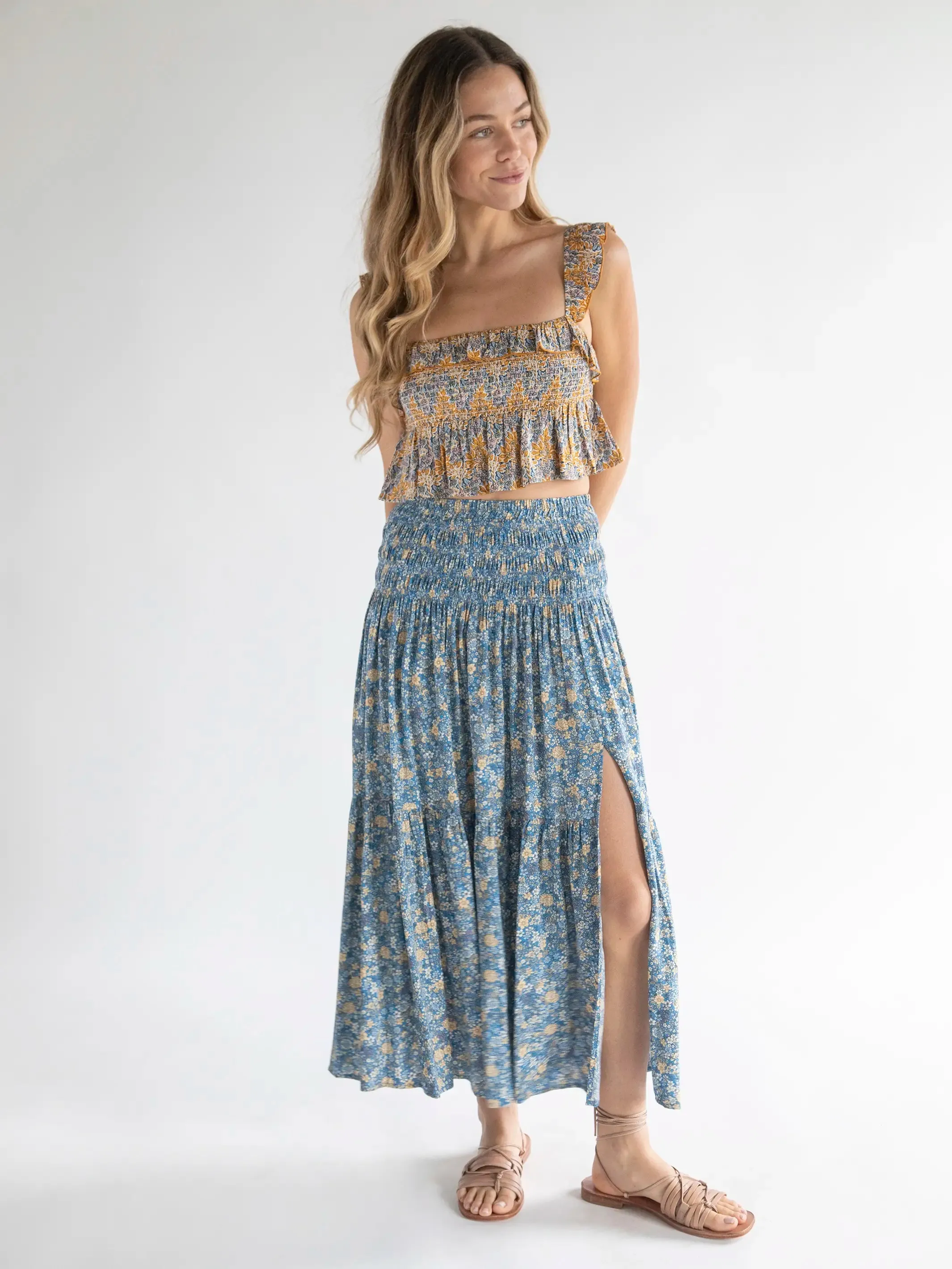 Angelina Midi Skirt - Blue Ditsy Floral