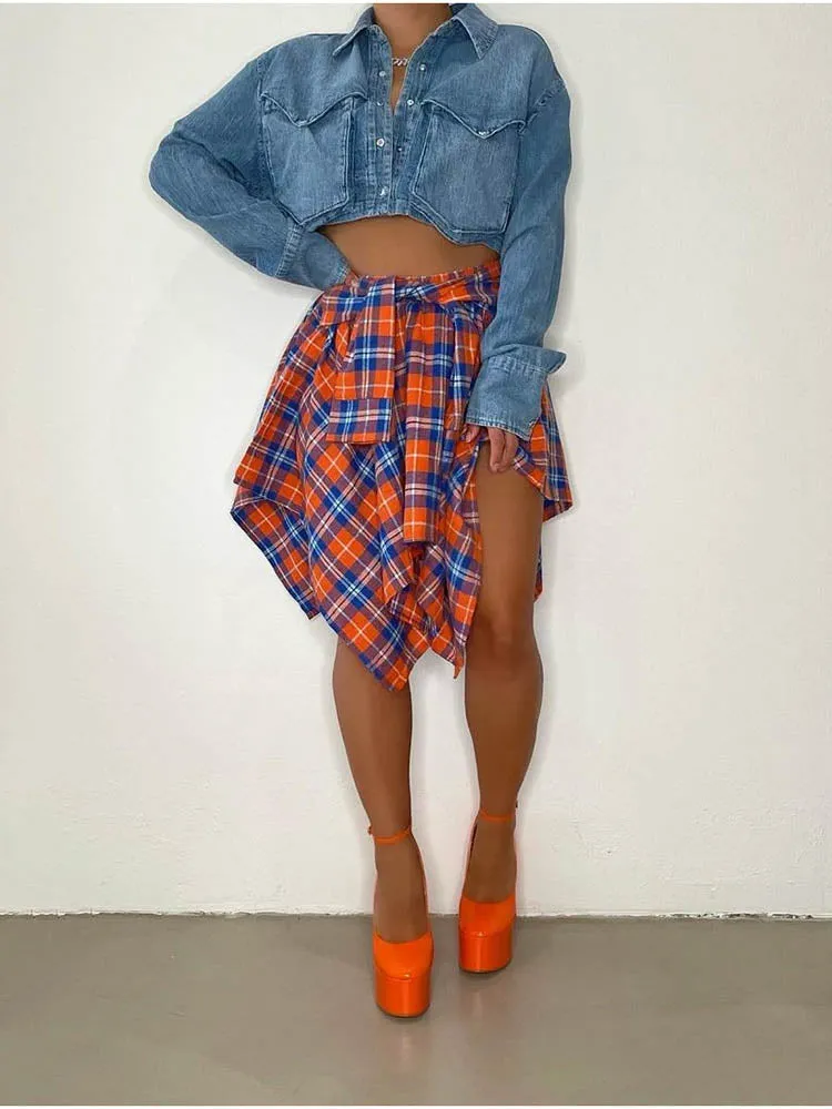 Asymmetric Plaid Midi Skirt