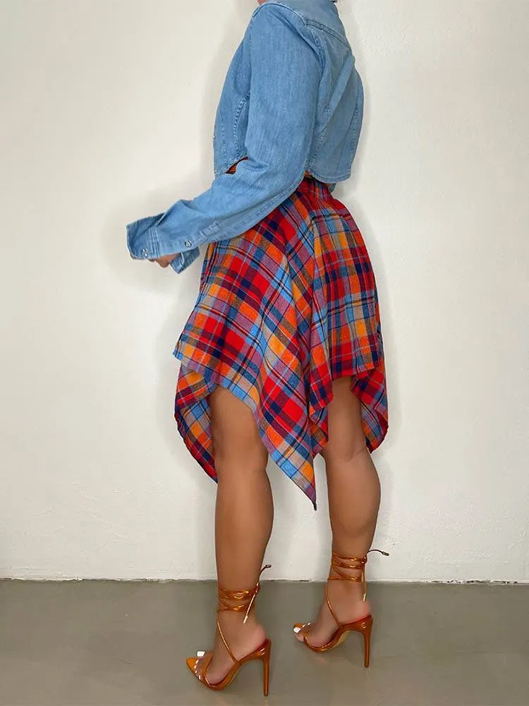 Asymmetric Plaid Midi Skirt