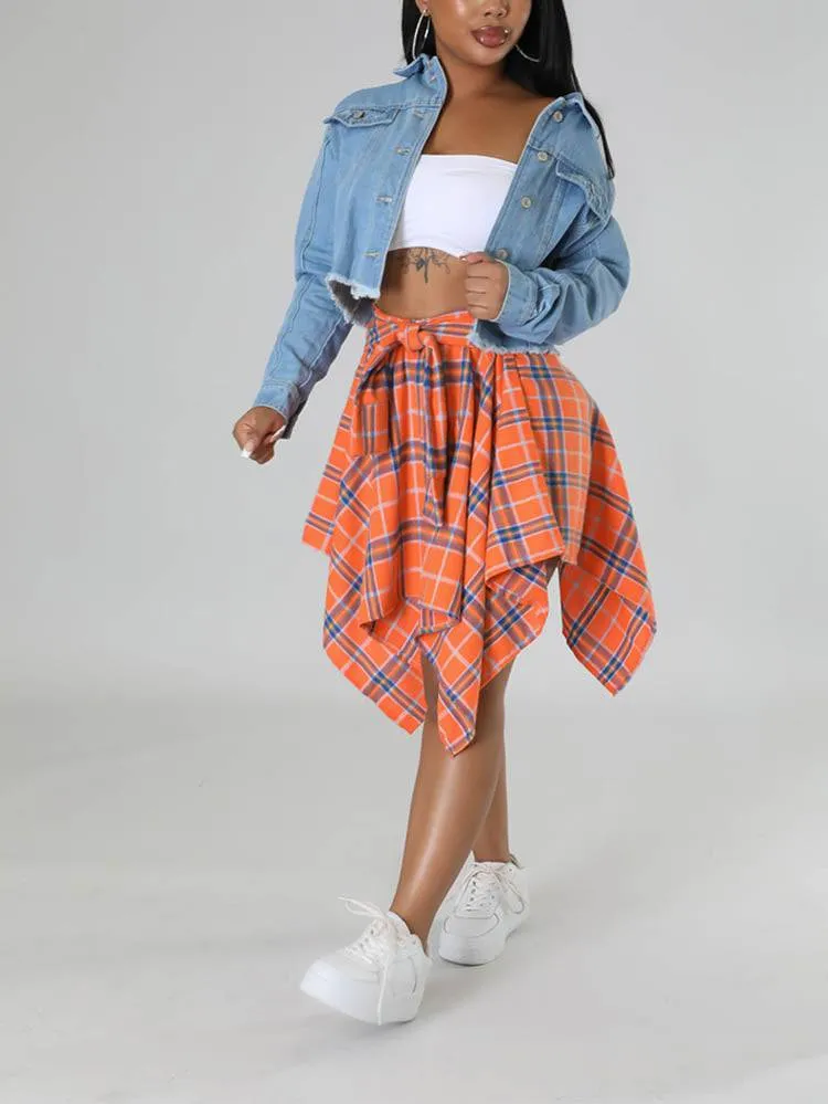 Asymmetric Plaid Midi Skirt