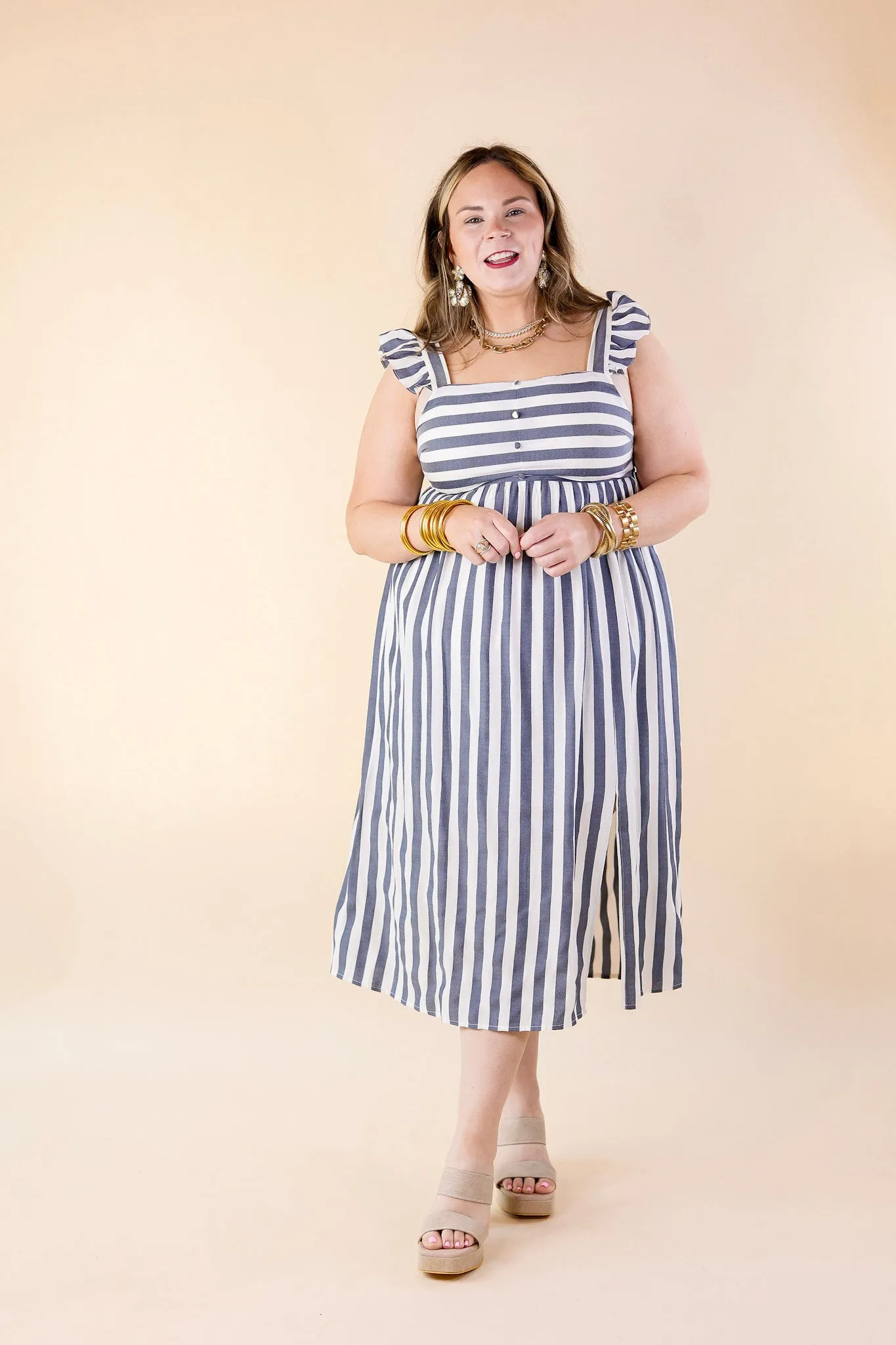 Beach Dreamin Striped Dress in Dark Blue and White