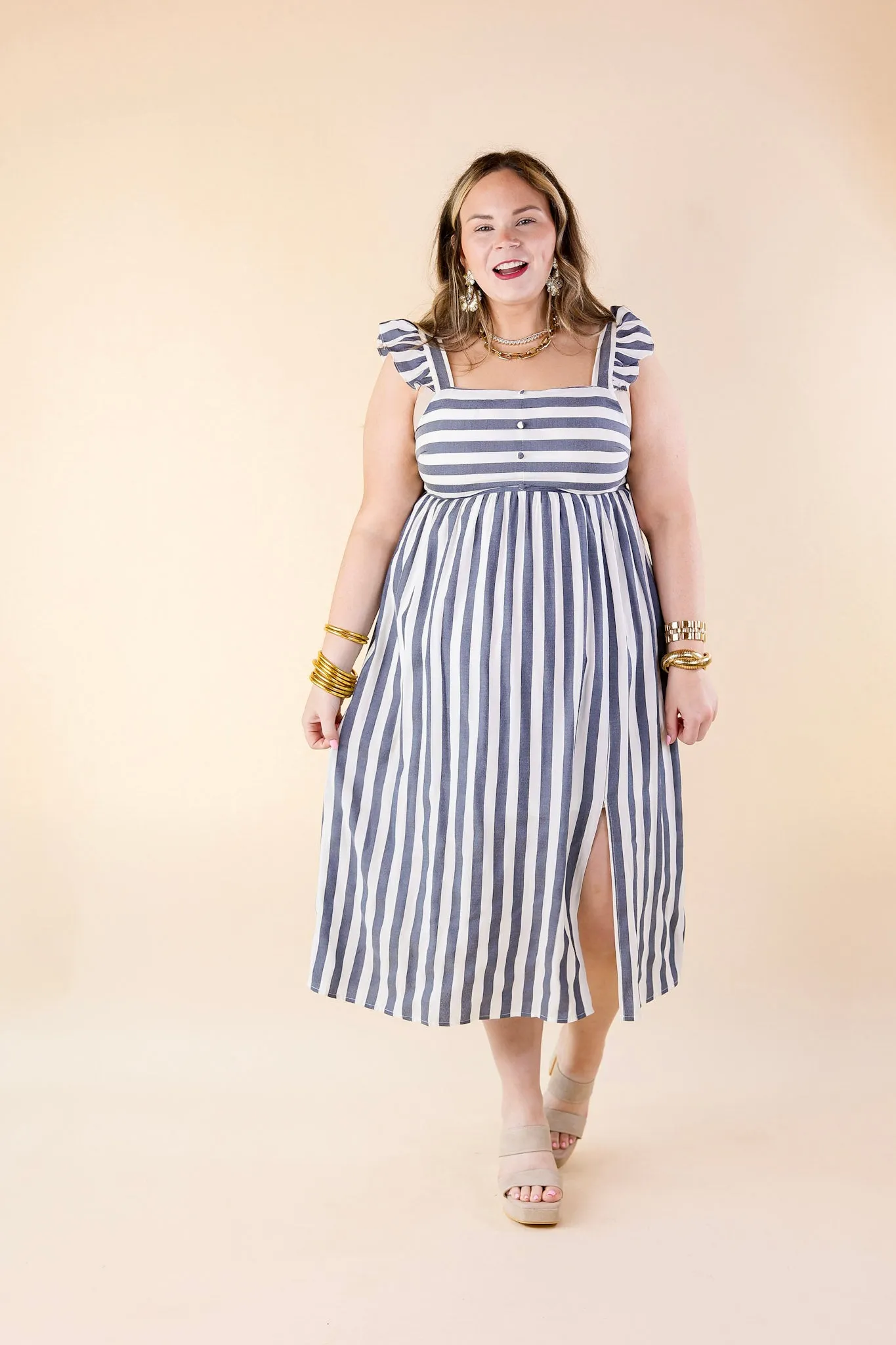 Beach Dreamin Striped Dress in Dark Blue and White