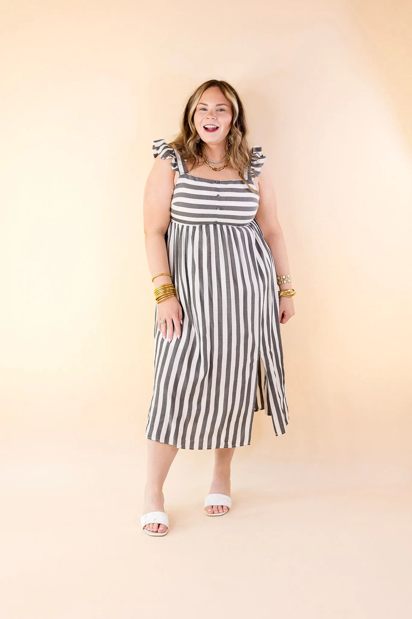 Beach Dreamin Striped Dress in Grey and White