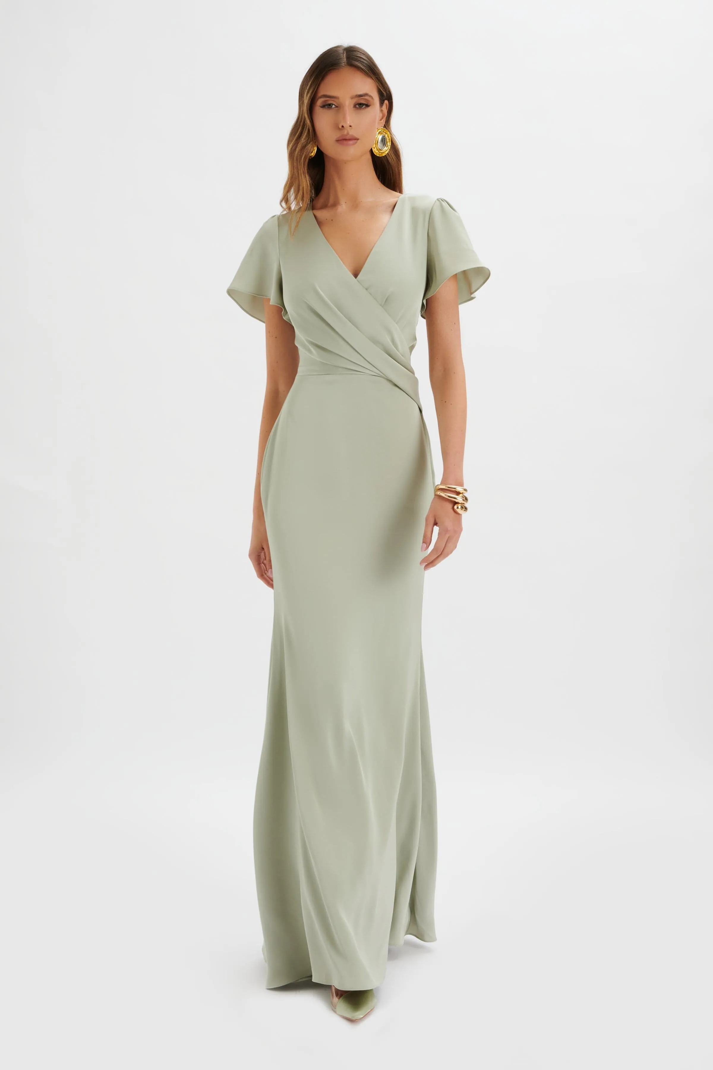 BEAU Draped Wrap Satin Maxi Dress with Sleeves in Sage Green