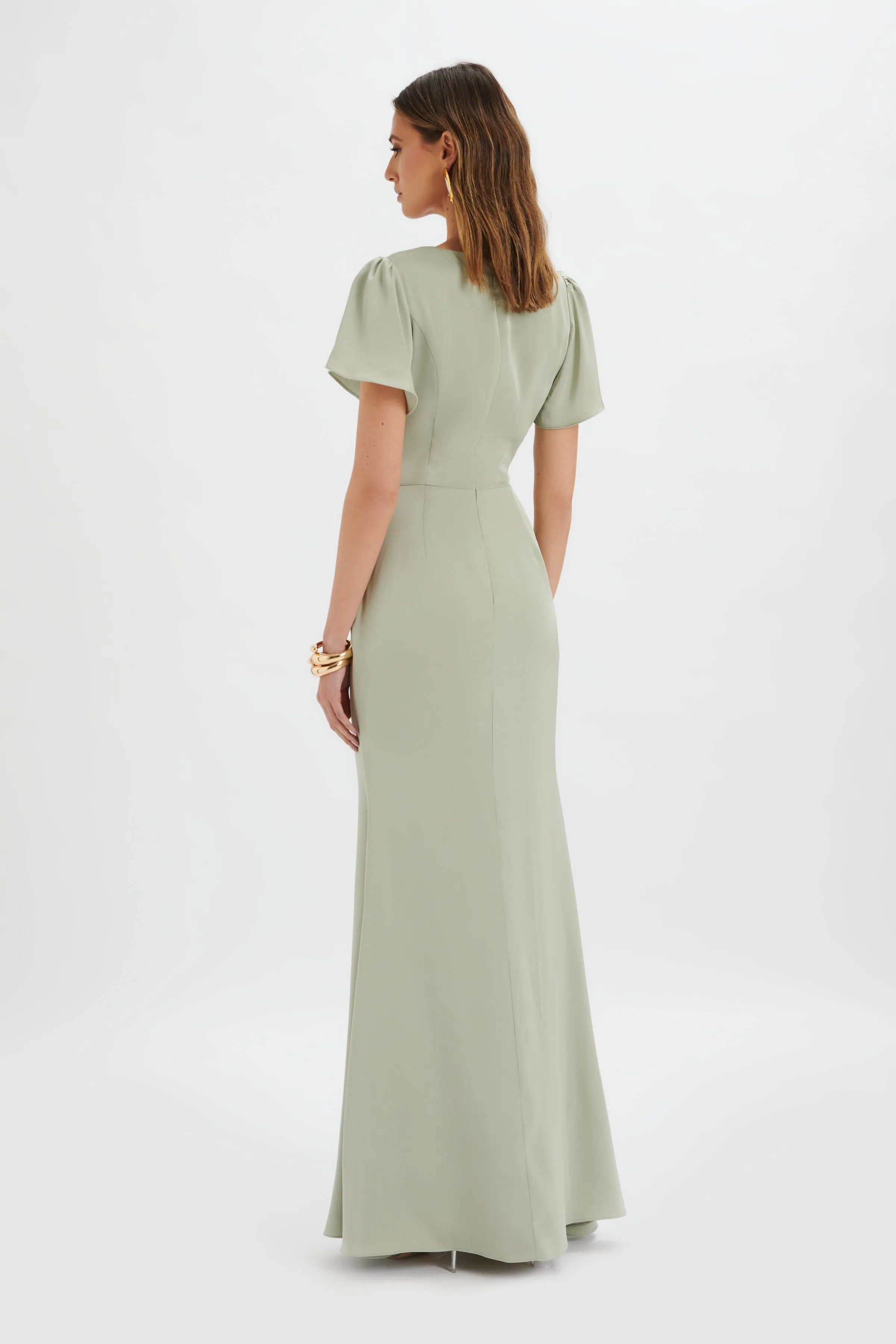 BEAU Draped Wrap Satin Maxi Dress with Sleeves in Sage Green