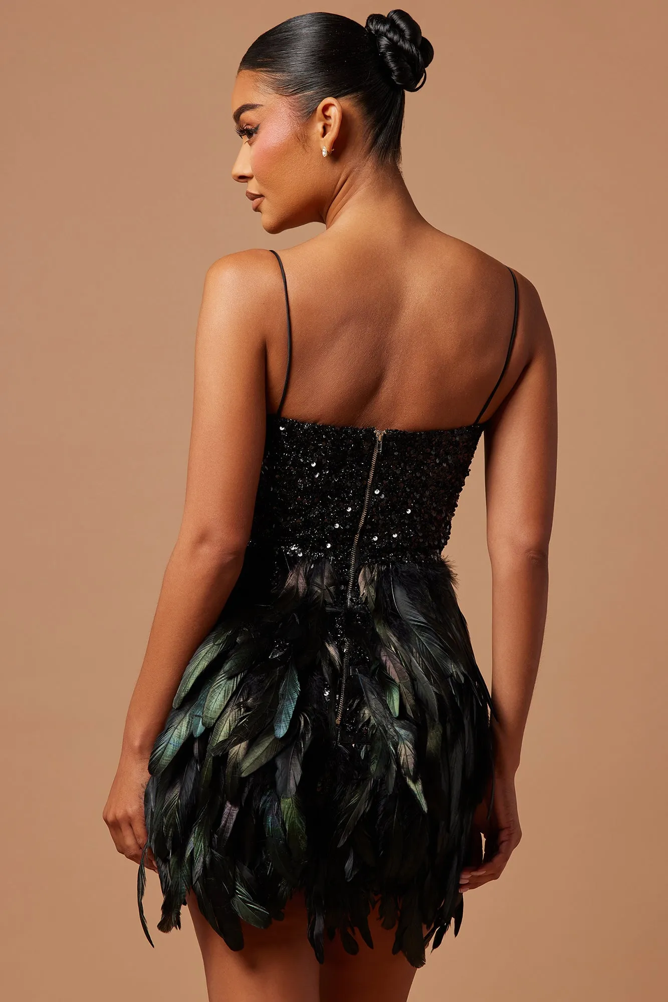 Bella Sequin Feather Mini Dress - Black