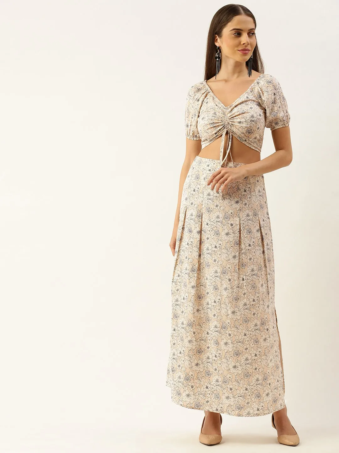 Berrylush Women Beige Floral Printed Co-Ordinate Maxi Dress