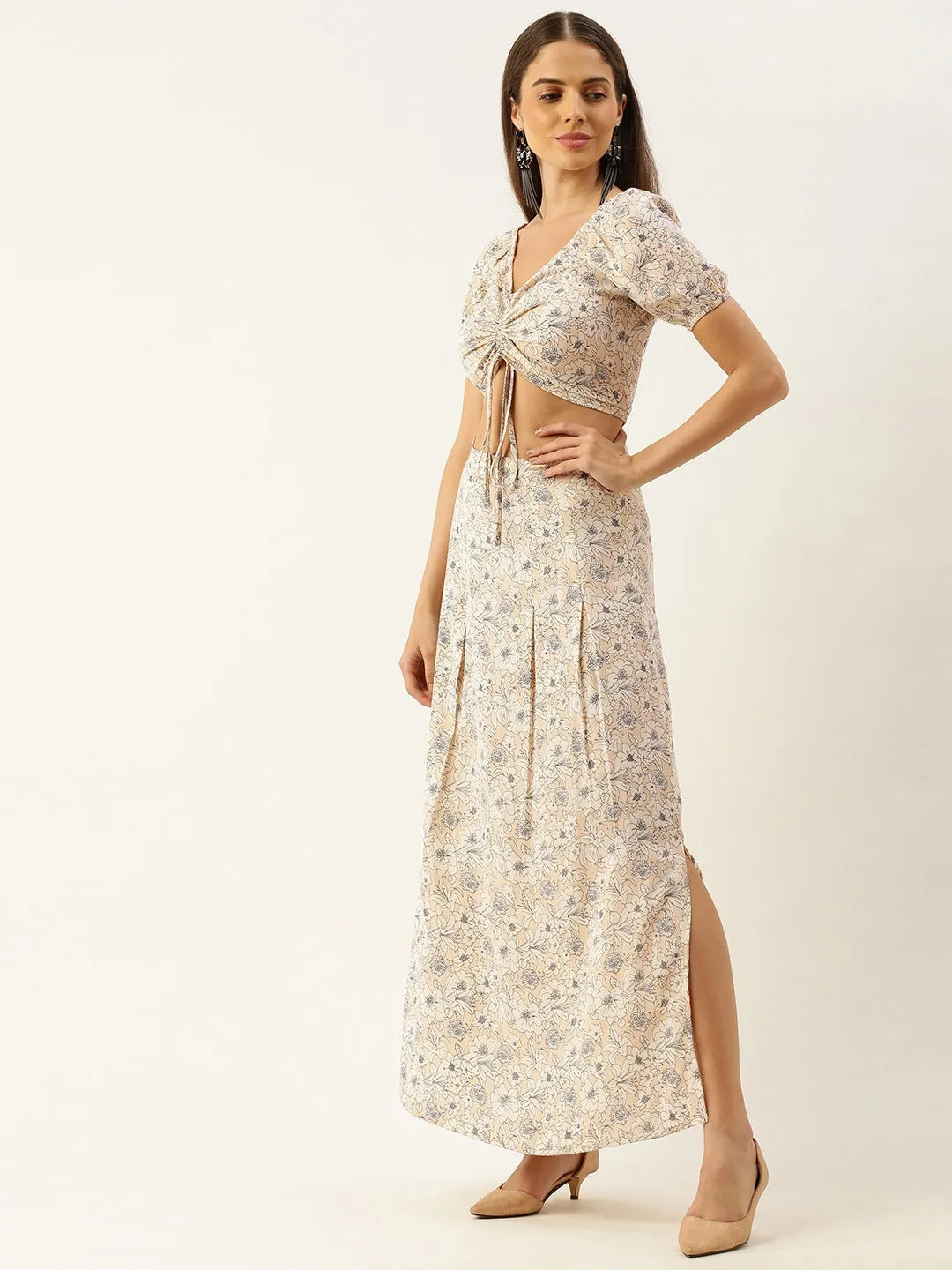 Berrylush Women Beige Floral Printed Co-Ordinate Maxi Dress