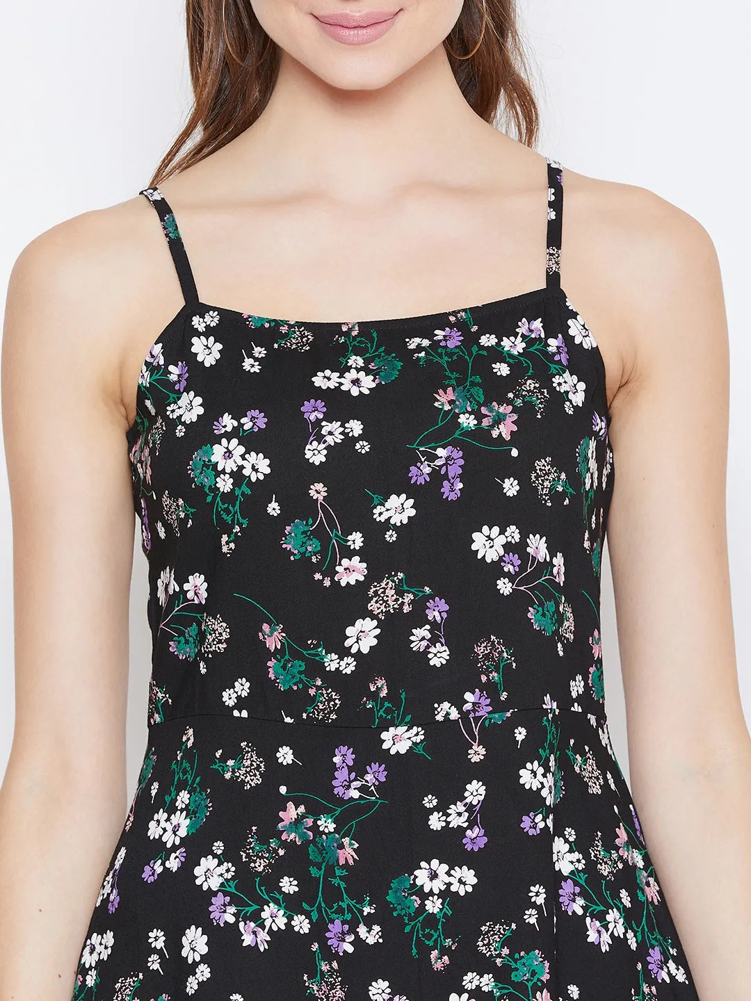 Berrylush Women Black & Green Floral Printed Sleeveless Fit & Flare Mini Dress