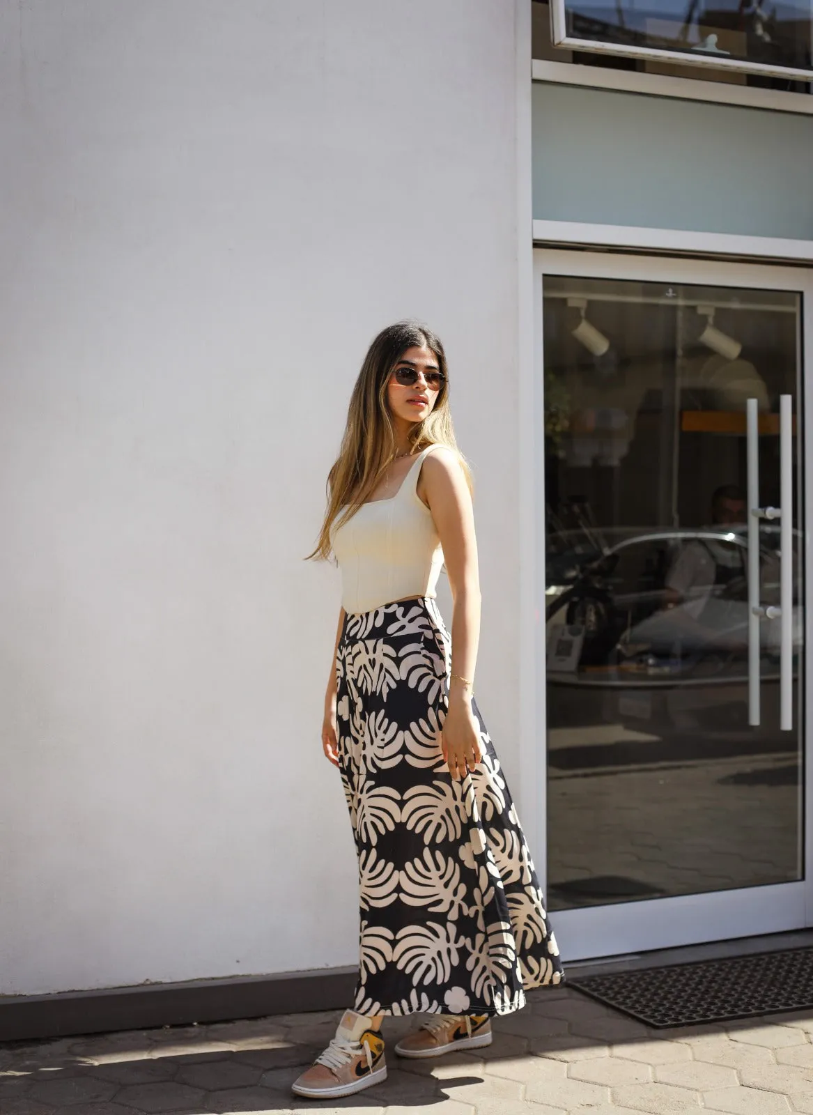 Big Leaves Cotton Skirt Black And Beige