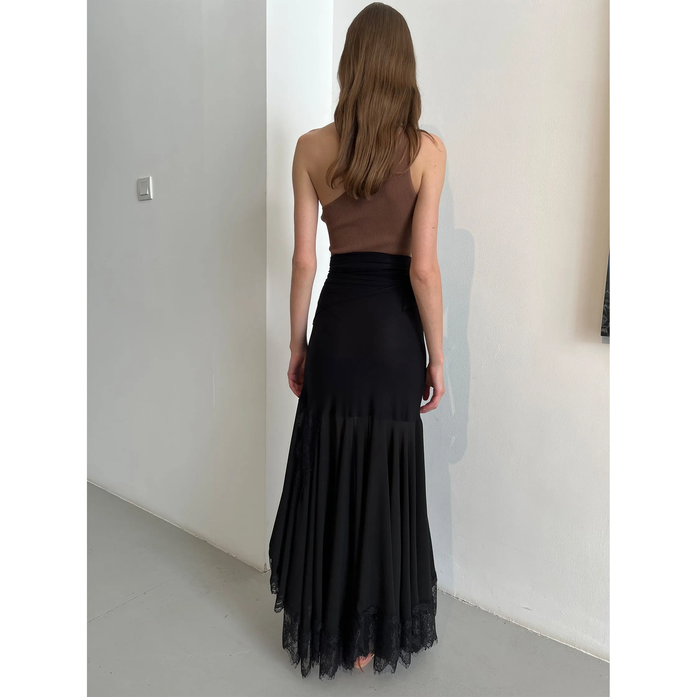 Black Modal Jersey, Chiffon And Lace Wrap Skirt