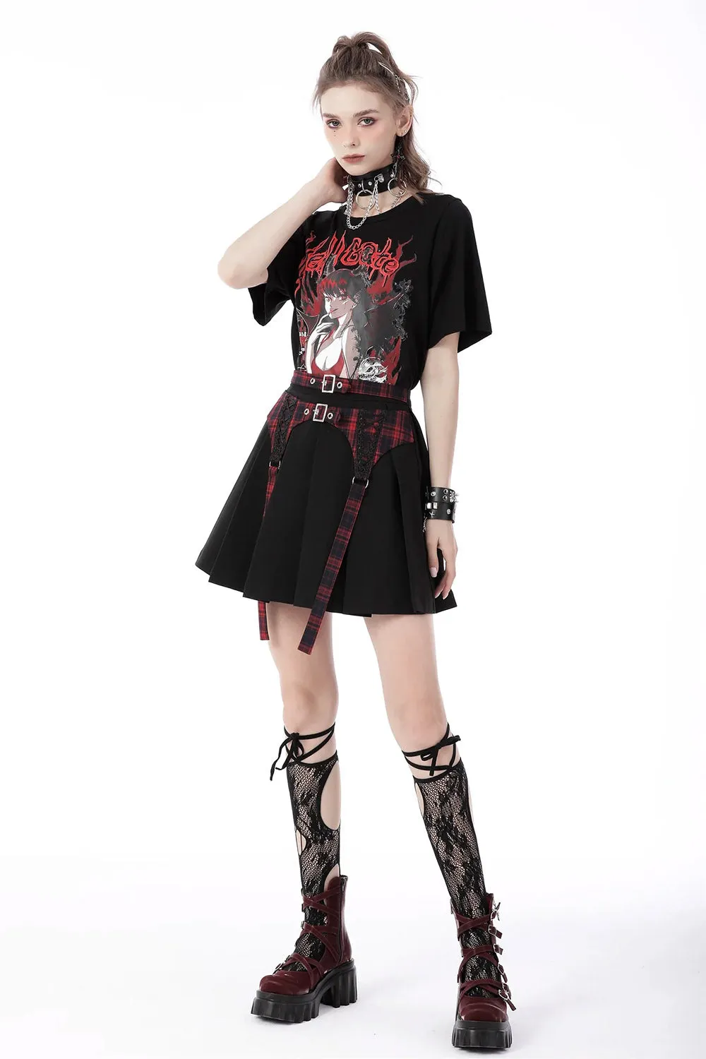 Blood Hugs Pleated Mini Skirt [RED PLAID]