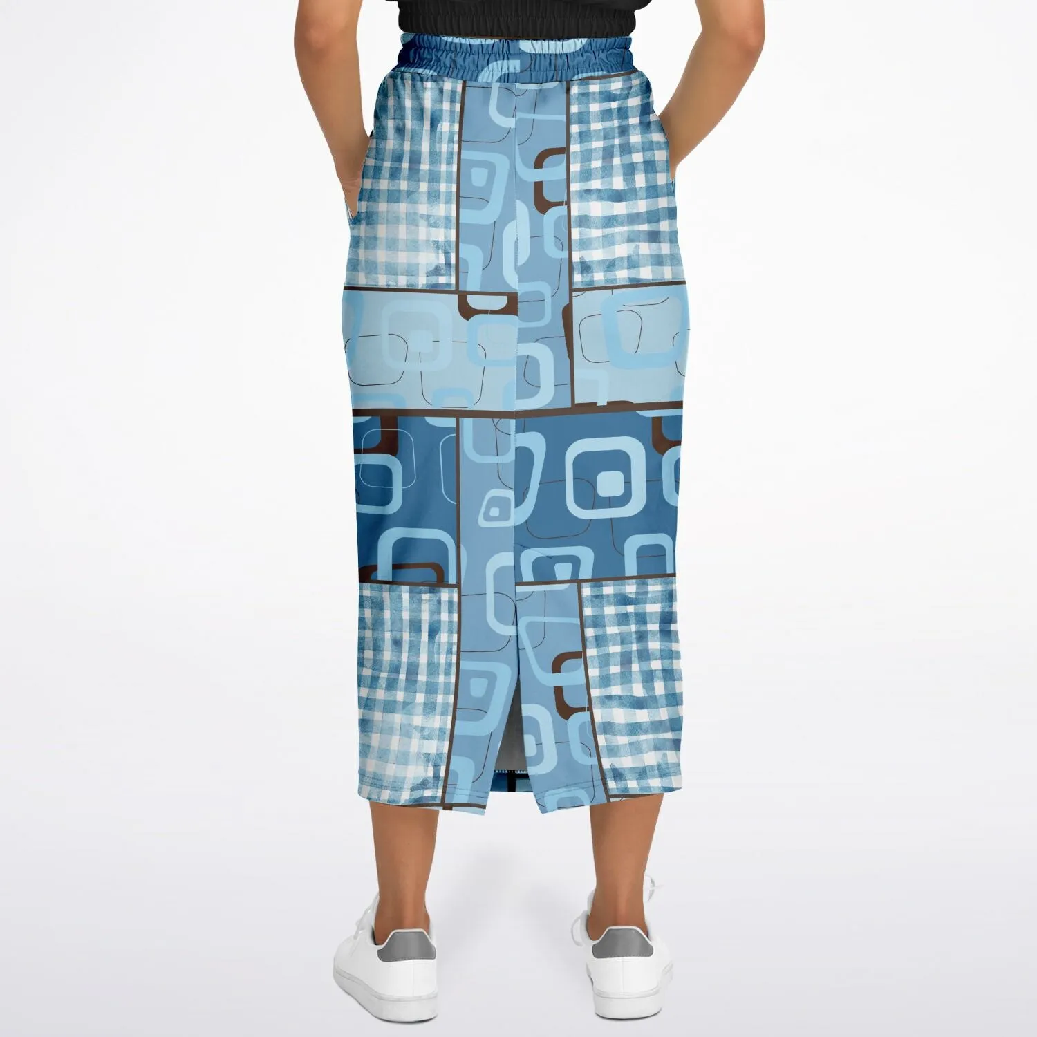 Blue Geo Patchwork Eco-Poly Long Pocket Skirt