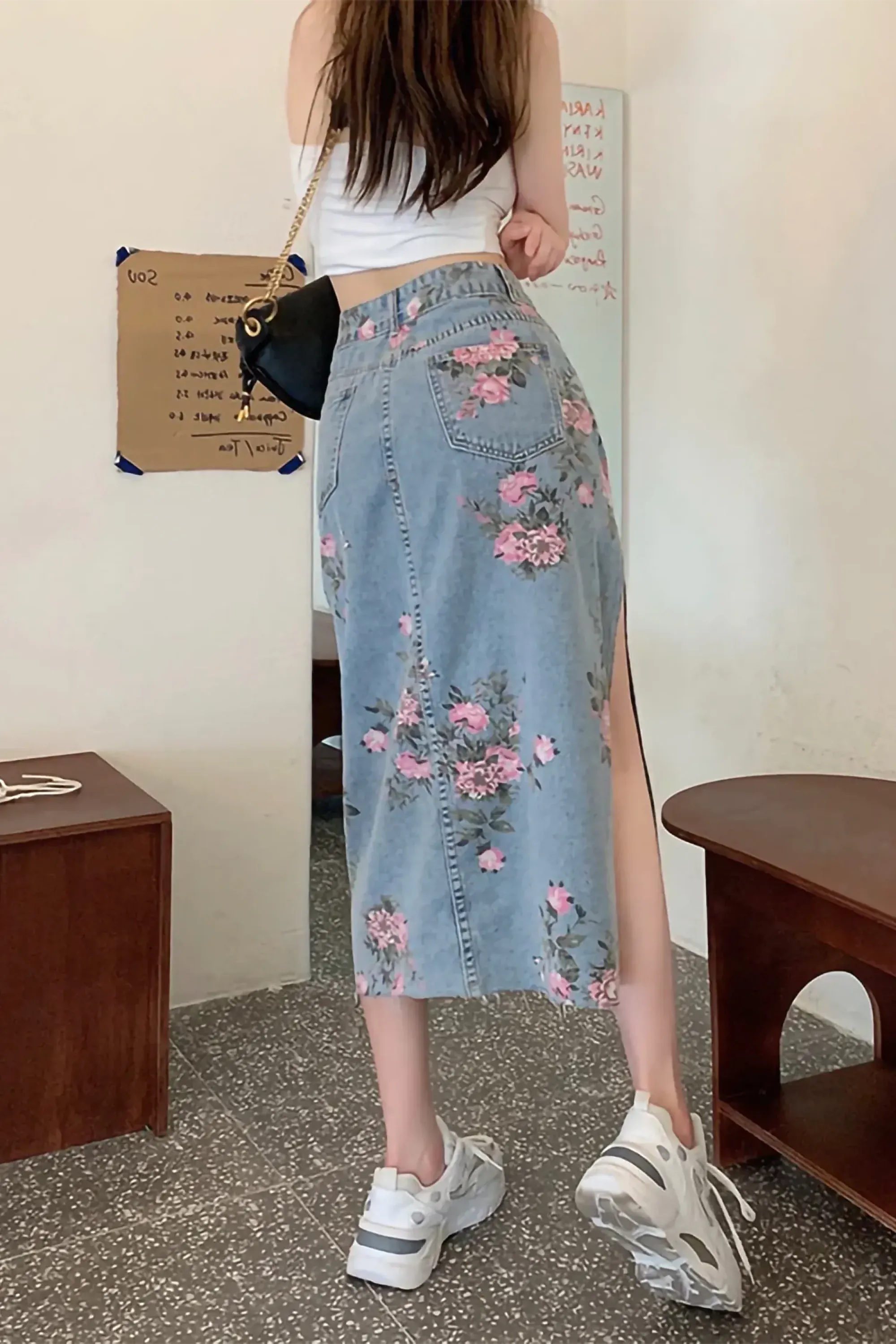 Blue High Waisted Floral Print Split Jean Midi Skirt