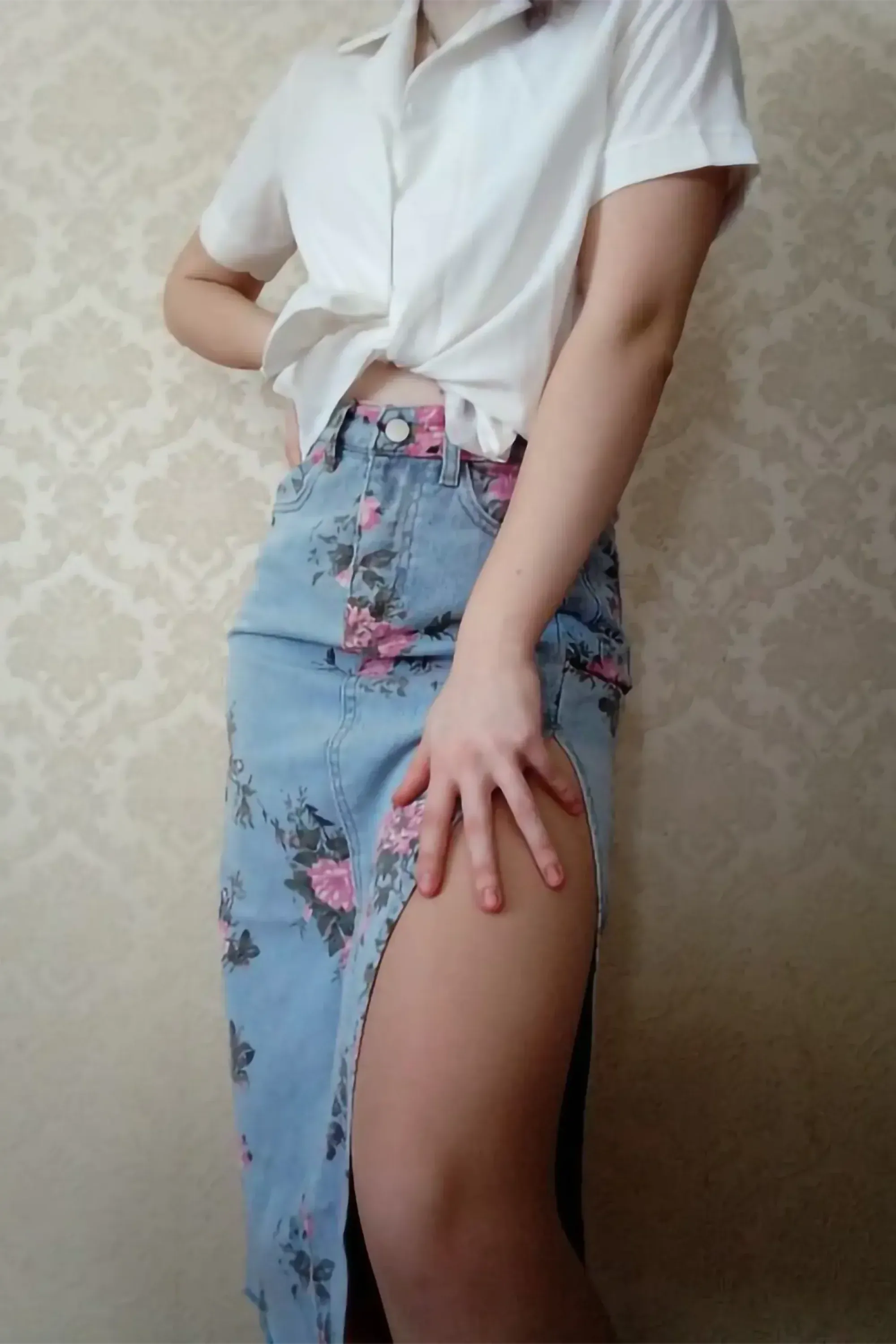 Blue High Waisted Floral Print Split Jean Midi Skirt