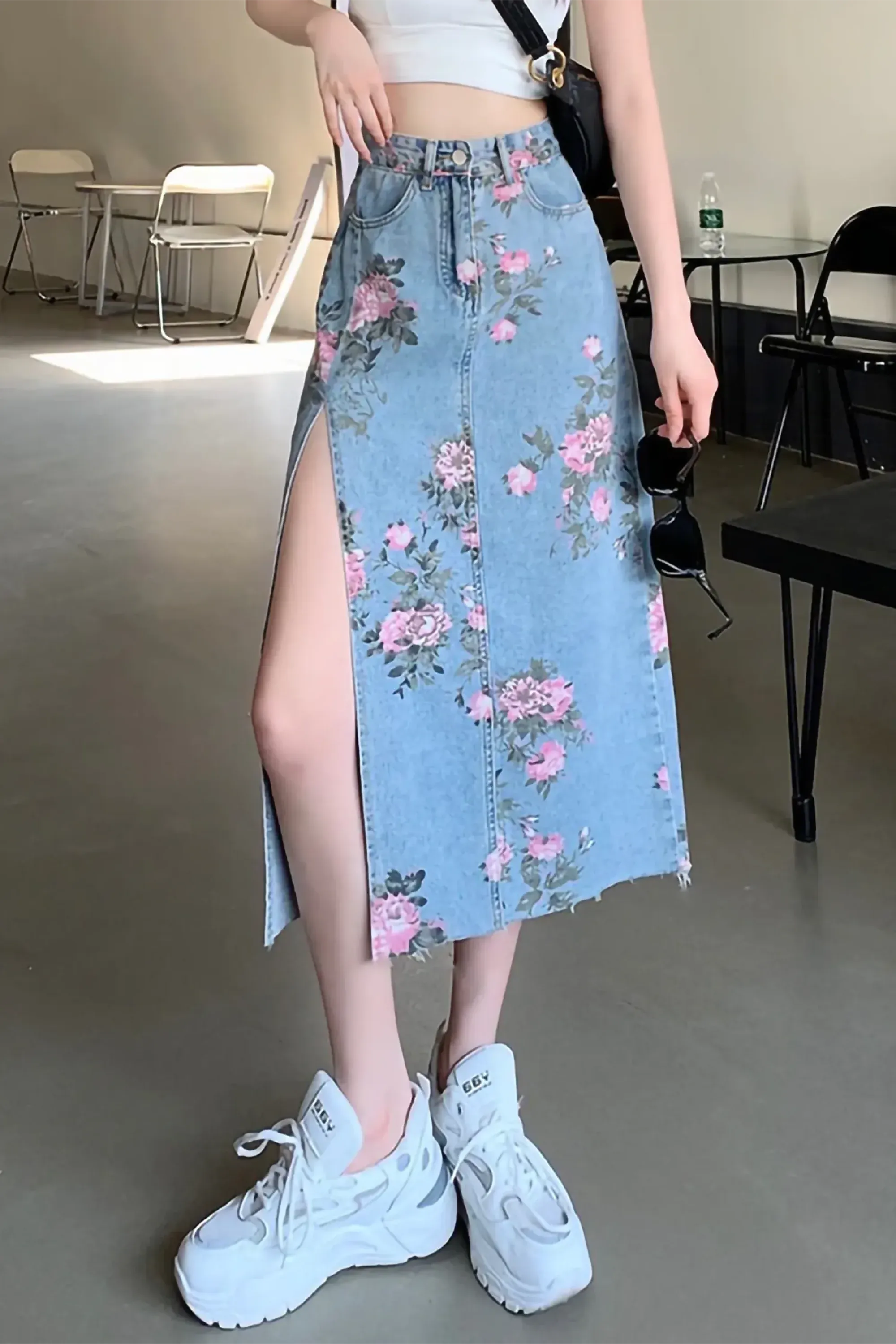 Blue High Waisted Floral Print Split Jean Midi Skirt