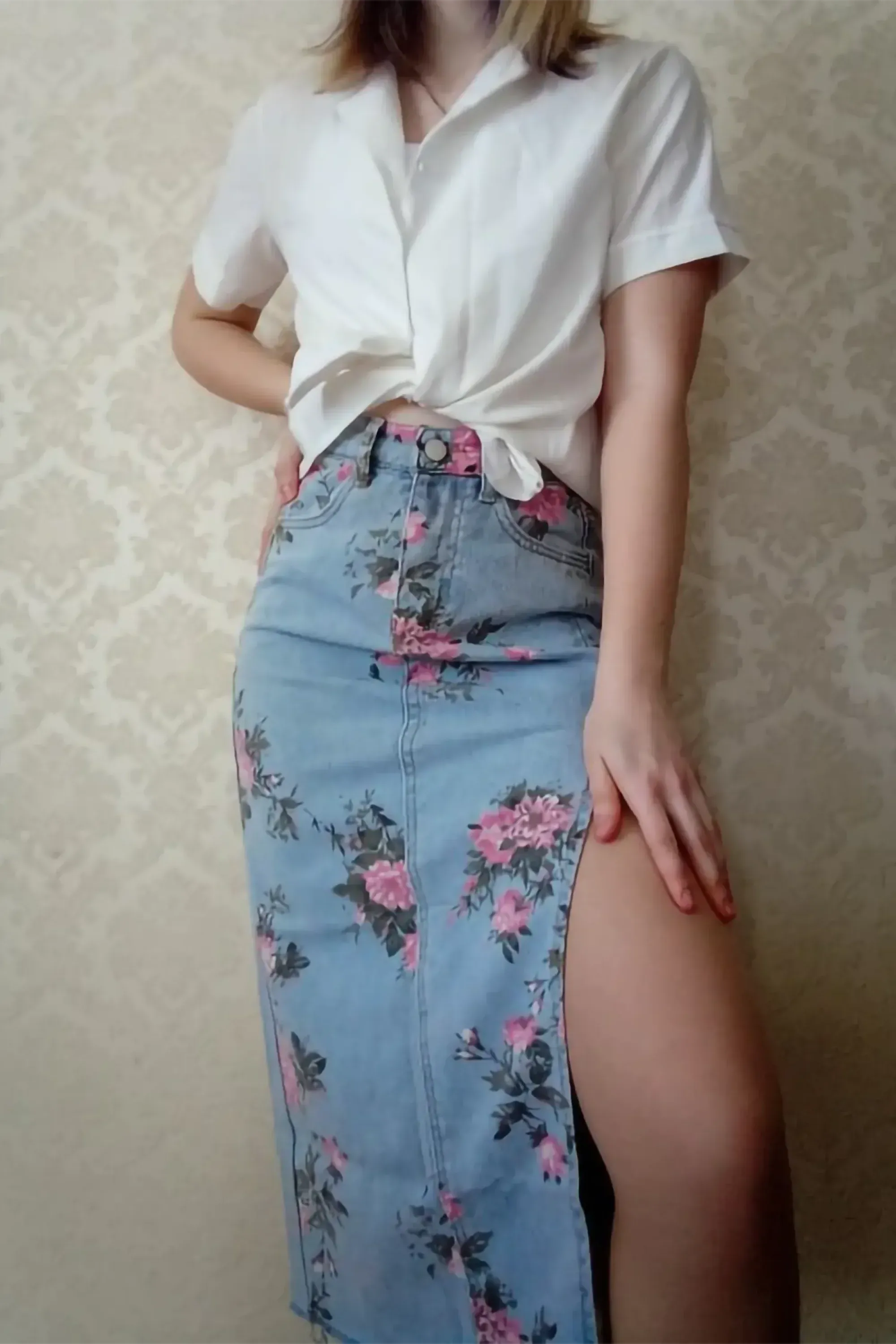 Blue High Waisted Floral Print Split Jean Midi Skirt