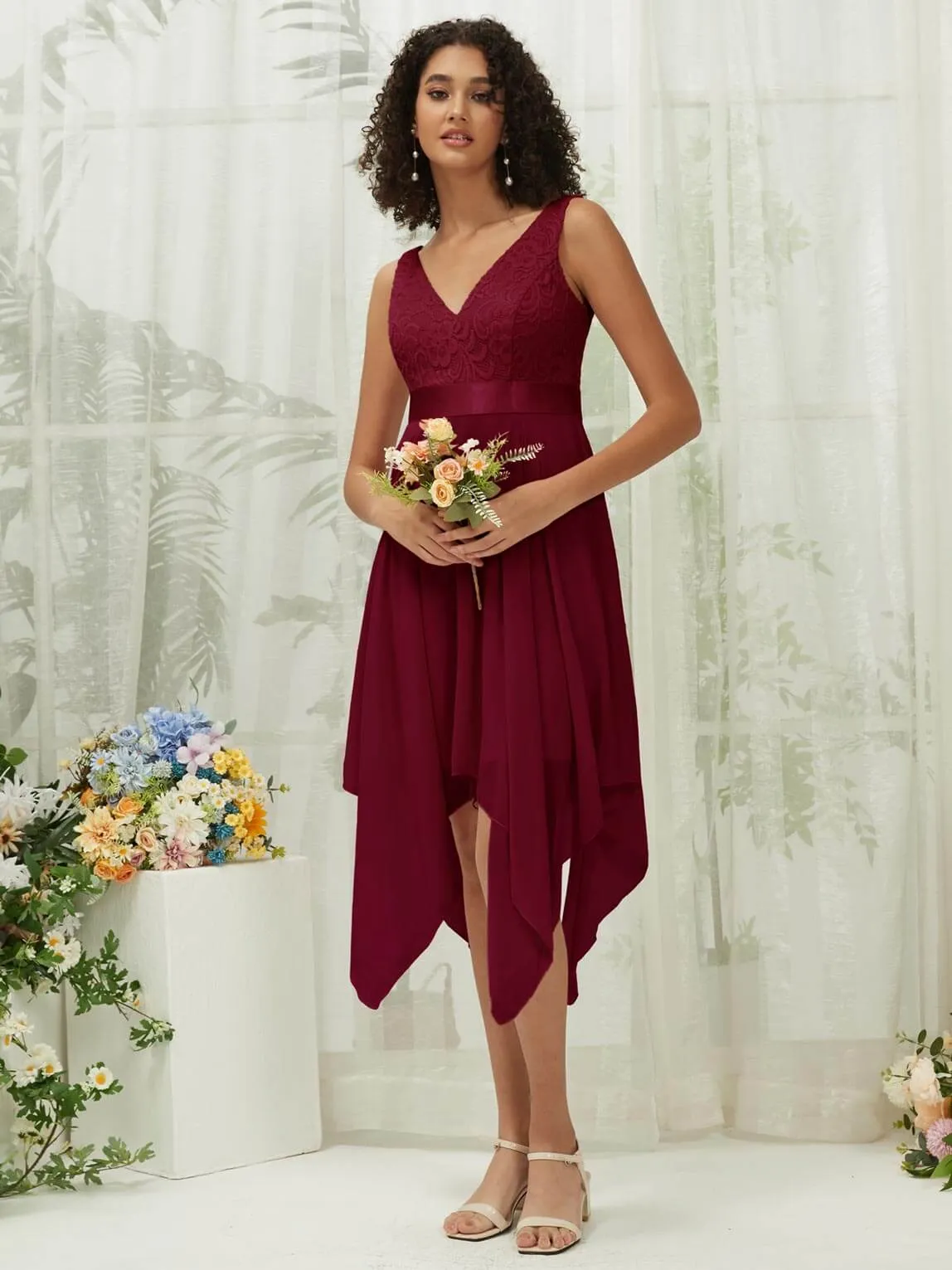 Burgundy Lace V-Neck Sleeveless Midi Length Chiffon Flowy Bridesmaid Dresses