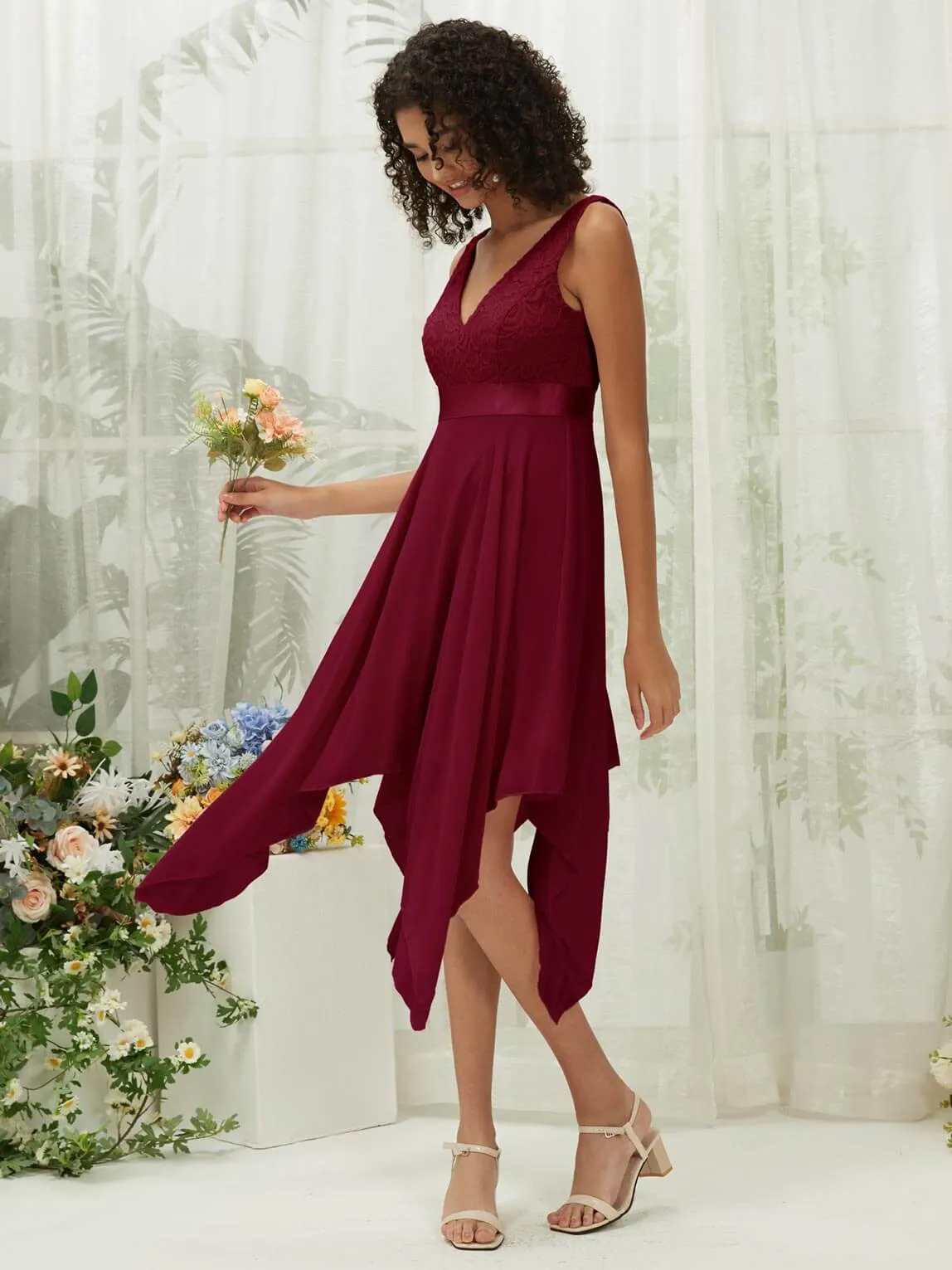 Burgundy Lace V-Neck Sleeveless Midi Length Chiffon Flowy Bridesmaid Dresses