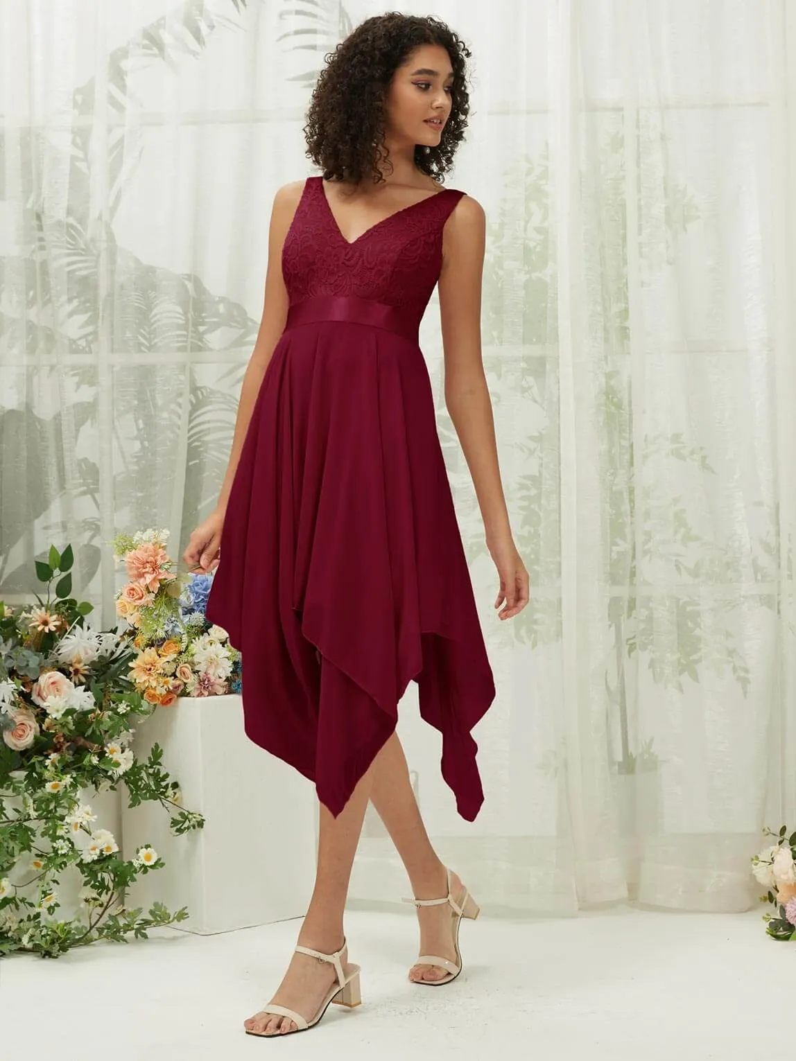 Burgundy Lace V-Neck Sleeveless Midi Length Chiffon Flowy Bridesmaid Dresses