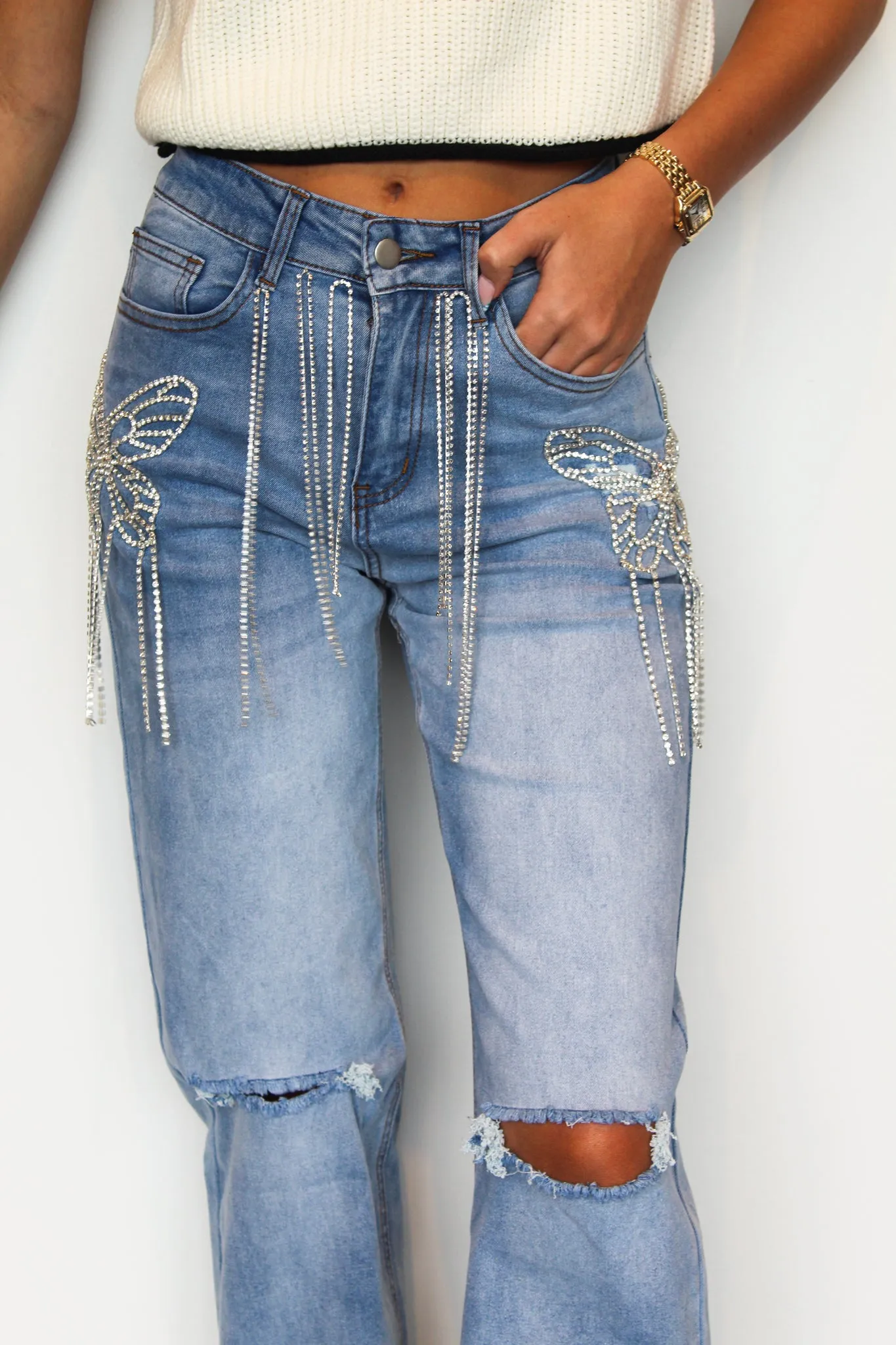 Butterfly Rhinestone Denim