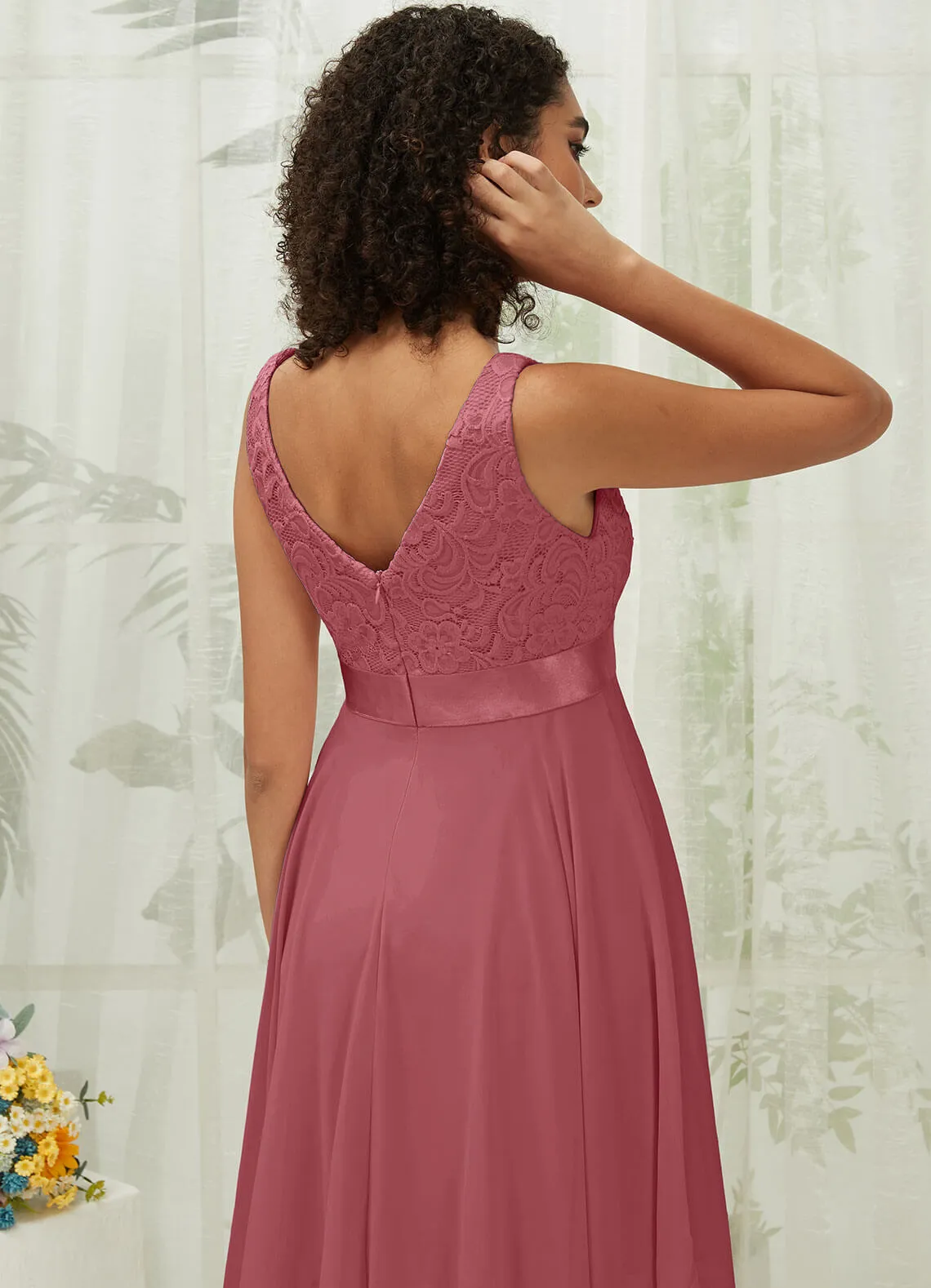 Canyon Rose Lace V-Neck Sleeveless Midi Length Chiffon Flowy Bridesmaid Dresses