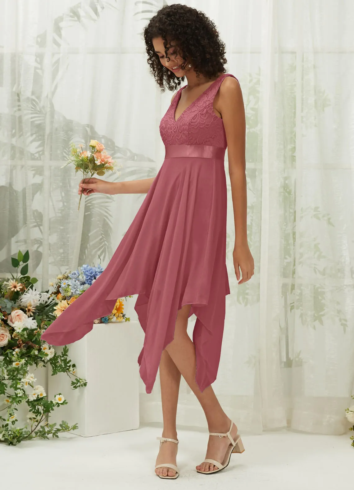 Canyon Rose Lace V-Neck Sleeveless Midi Length Chiffon Flowy Bridesmaid Dresses