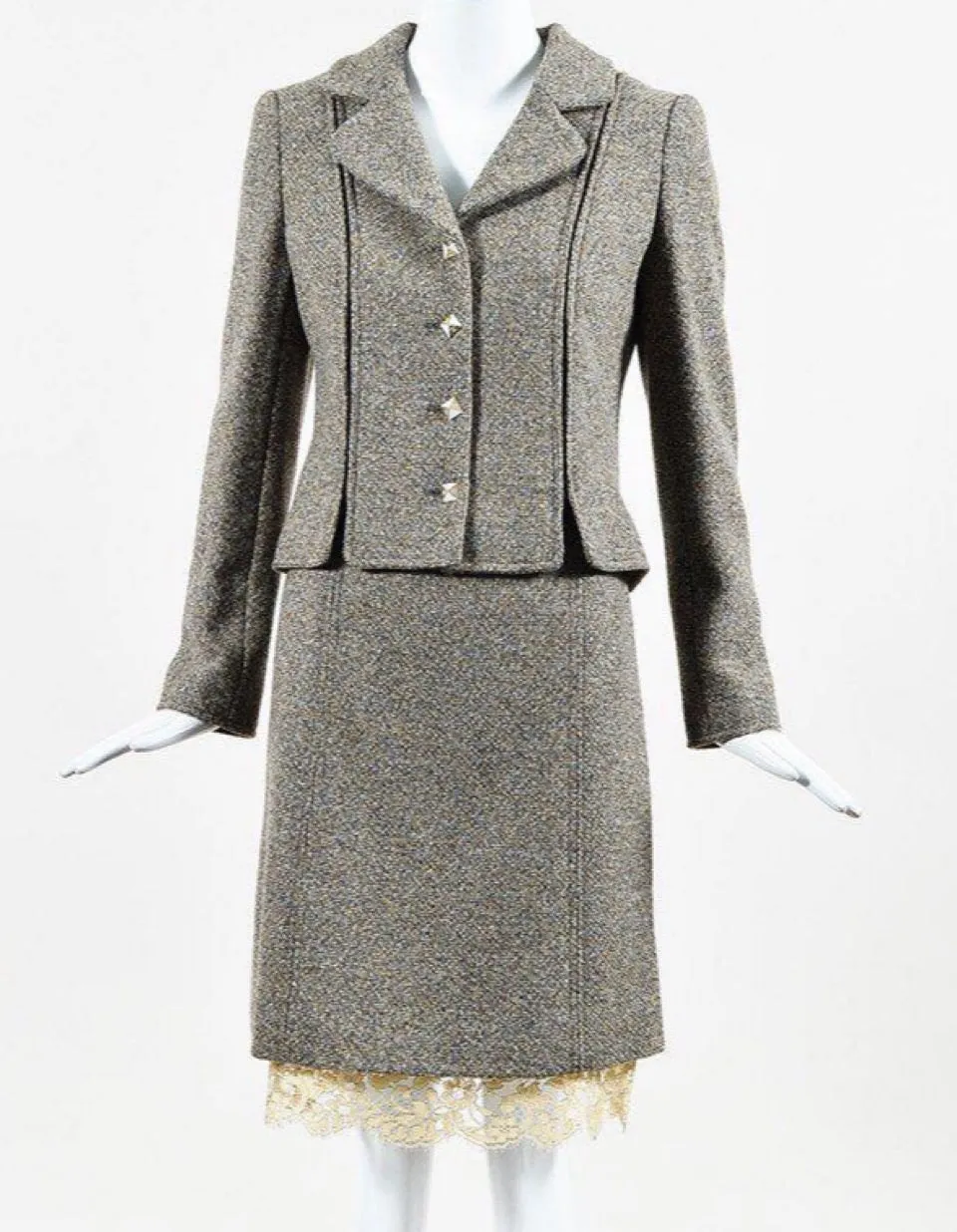 Chanel Vintage 03A, 2003 Fall Autumn Brown Tweed Lace Jacket Blazer Skirt Suit Set FR 48 US 14/16