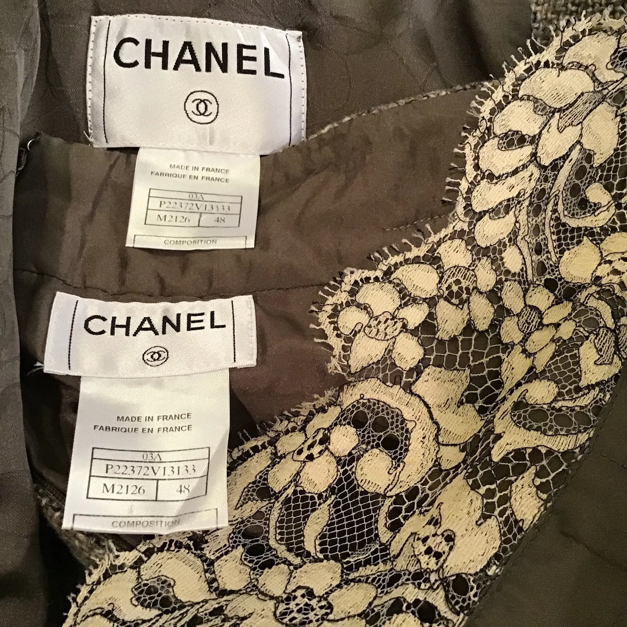 Chanel Vintage 03A, 2003 Fall Autumn Brown Tweed Lace Jacket Blazer Skirt Suit Set FR 48 US 14/16