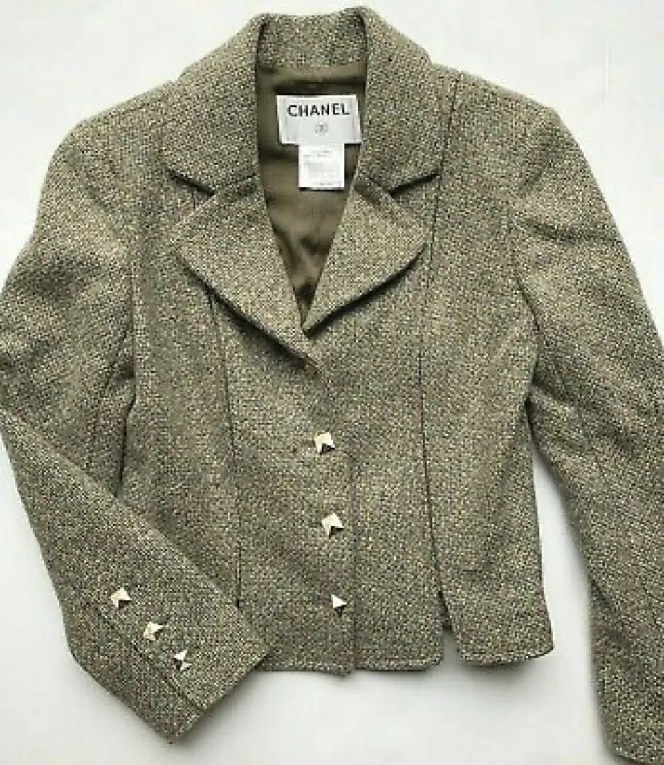 Chanel Vintage 03A, 2003 Fall Autumn Brown Tweed Lace Jacket Blazer Skirt Suit Set FR 48 US 14/16