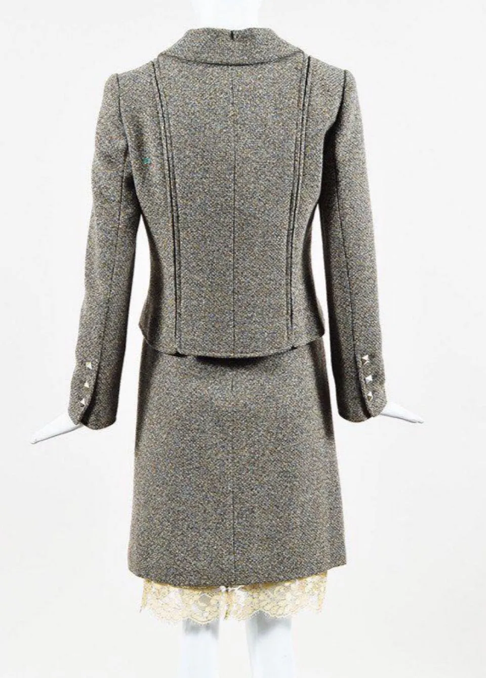 Chanel Vintage 03A, 2003 Fall Autumn Brown Tweed Lace Jacket Blazer Skirt Suit Set FR 48 US 14/16