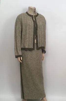 Chanel Vintage 98A, 1998 Fall Tweed Pleated Beige Taupe Jacket Maxi Skirt Set US 4/6