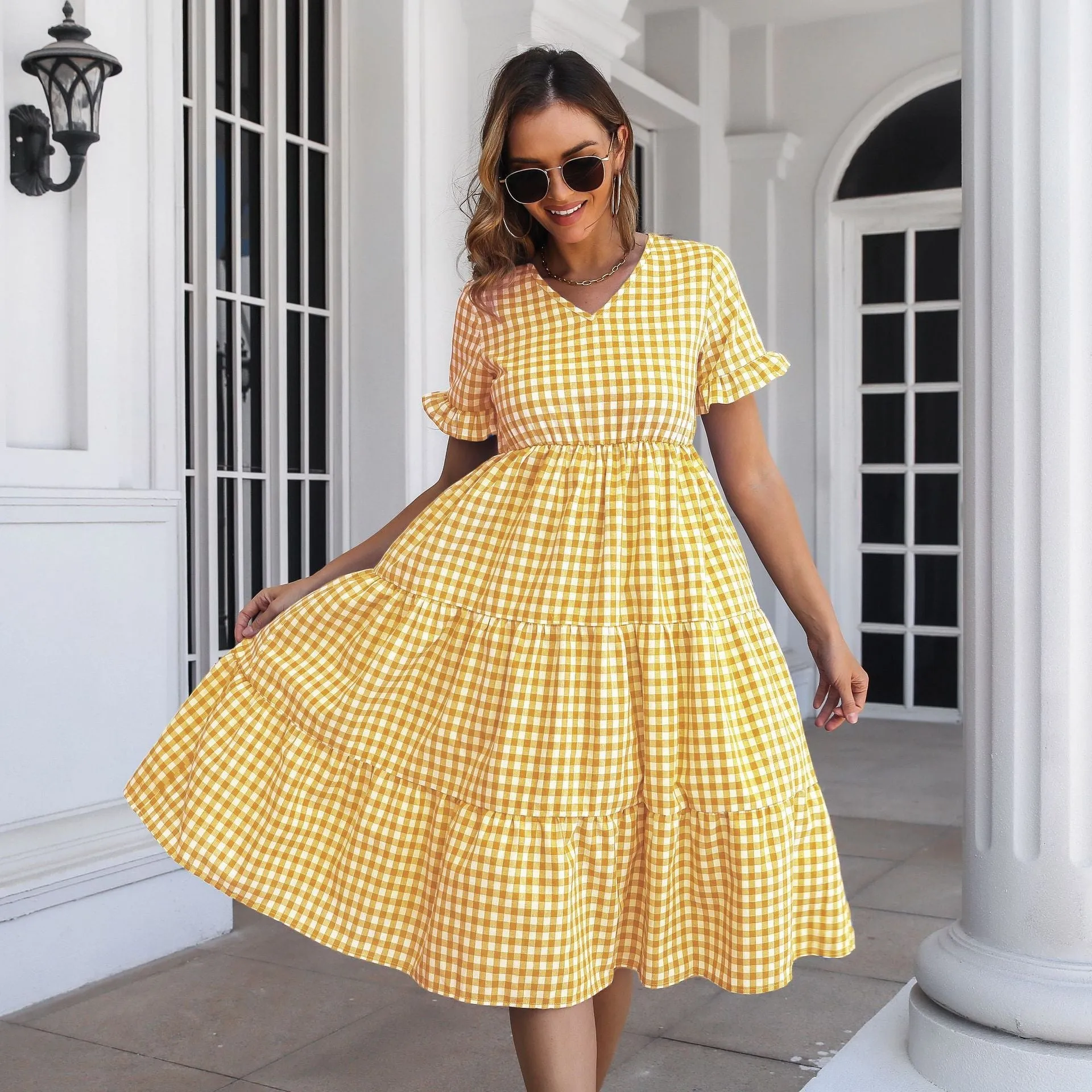 Checked Midi Dress with Tiered Skirt and Short Sleeves